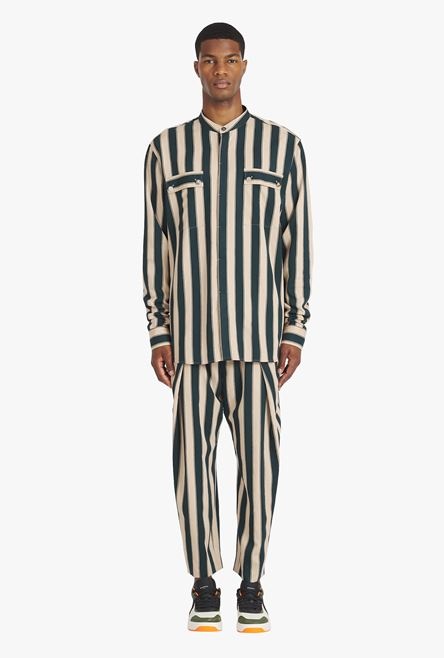 Sand-colored and dark green eco-designed striped shirt - 4