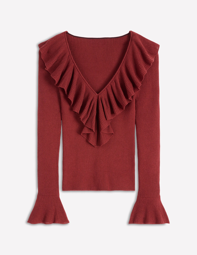 Ruffled Rib Henley Sweater-Chestnut 7