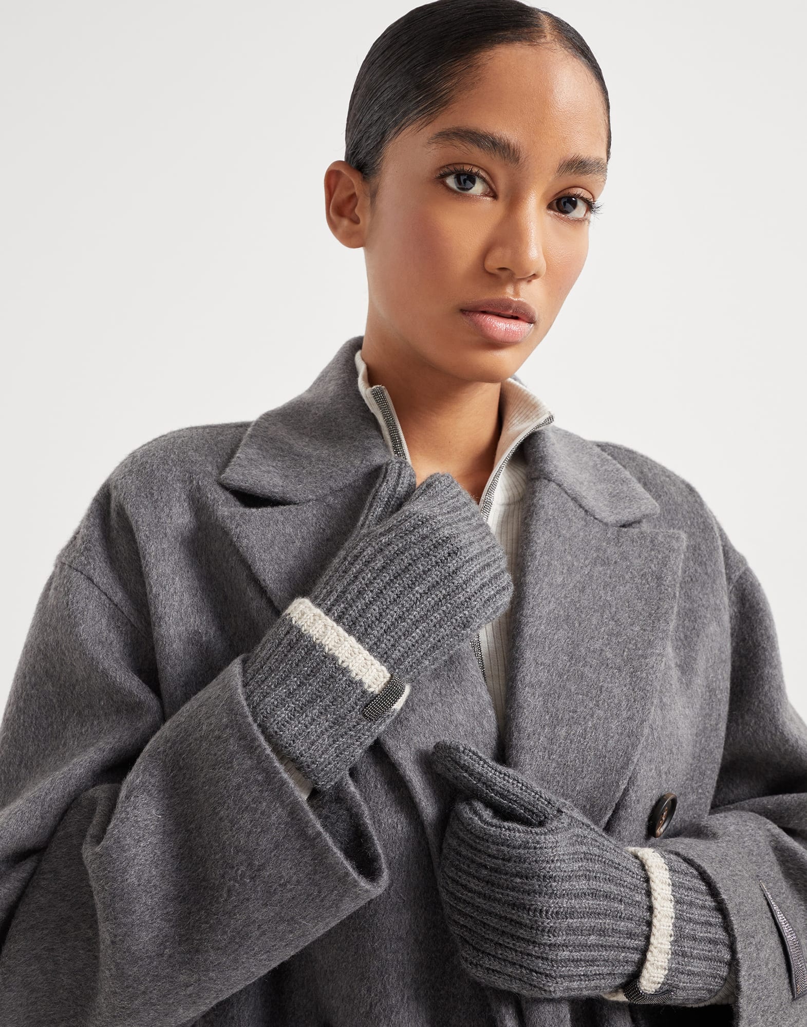 Cashmere English rib knit mittens with monili - 3
