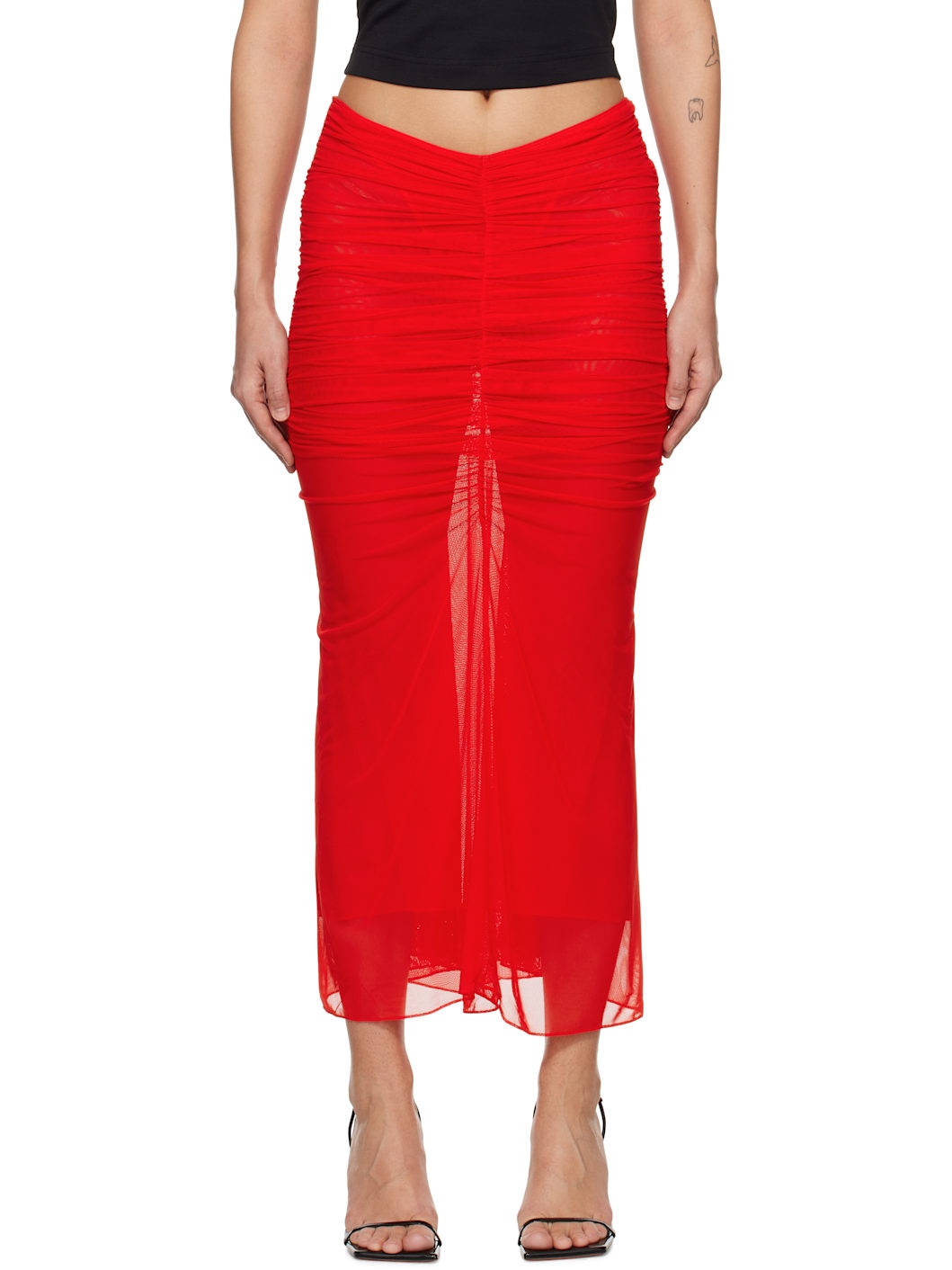 Red Ruched Mesh Midi Skirt - 1