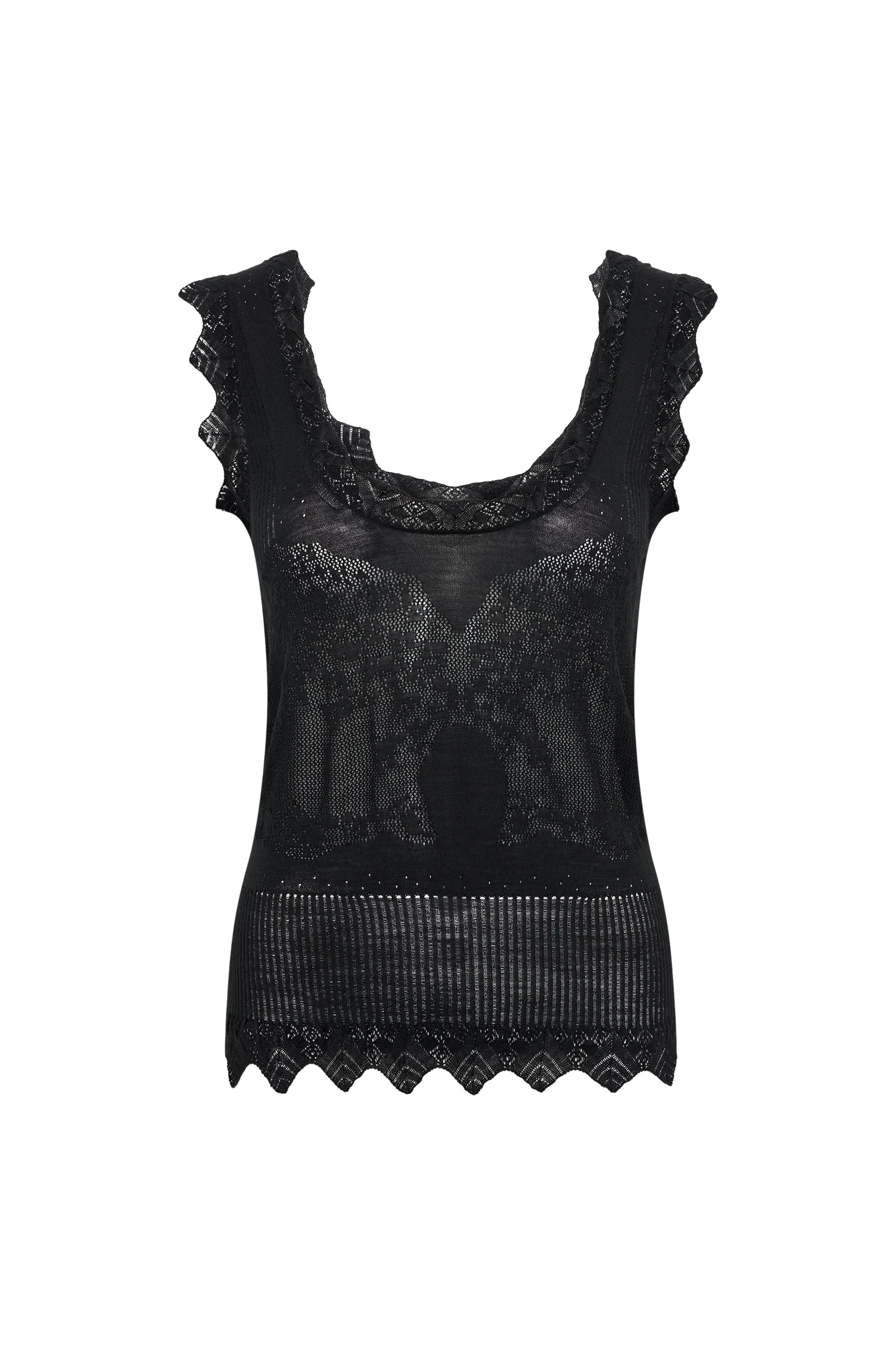 Scripta Pointelle Knit Lace Tank Top in Black Merino Wool - 1
