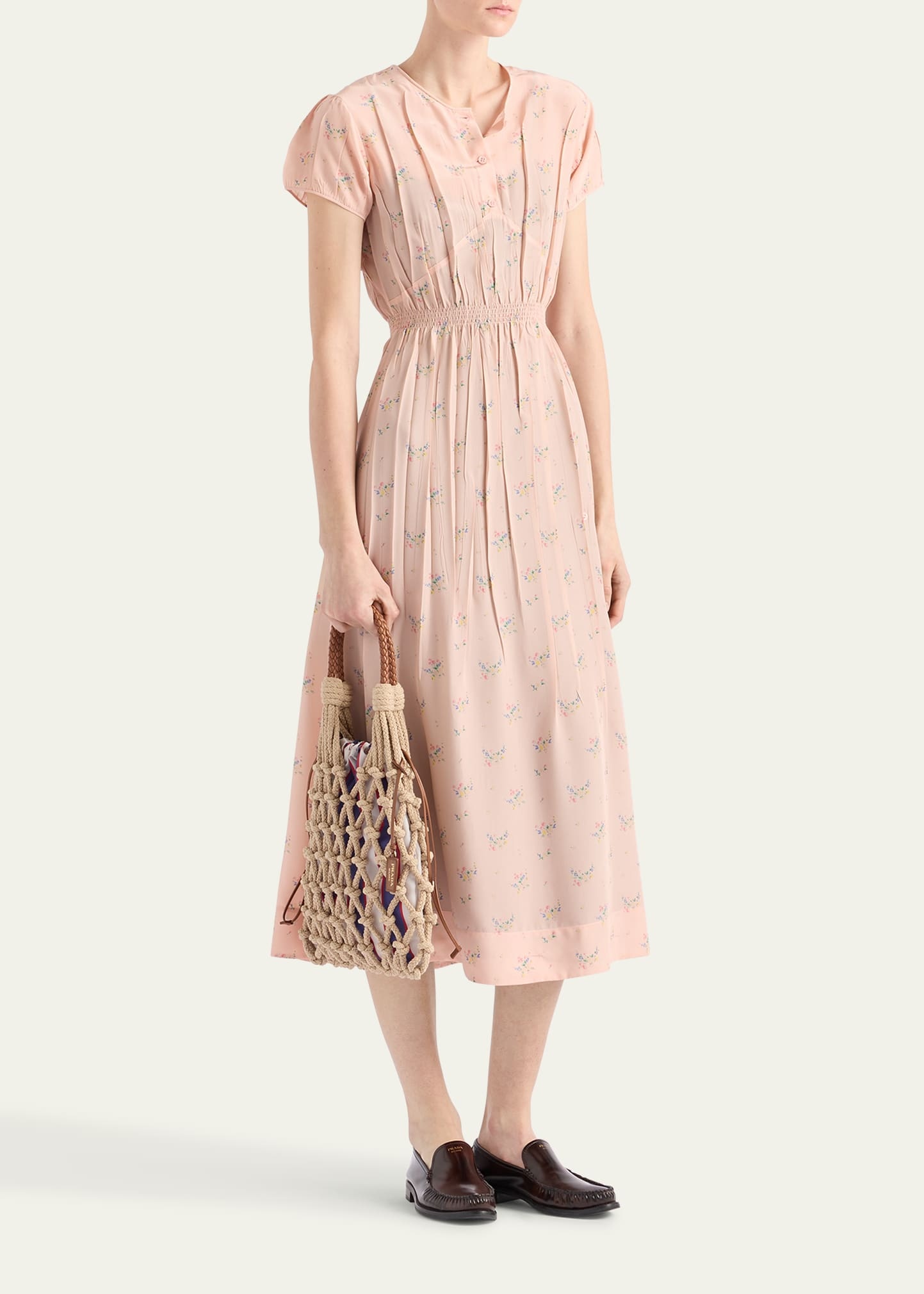 Flower-Print Silk Ponge Short-Sleeve Midi Dress - 2