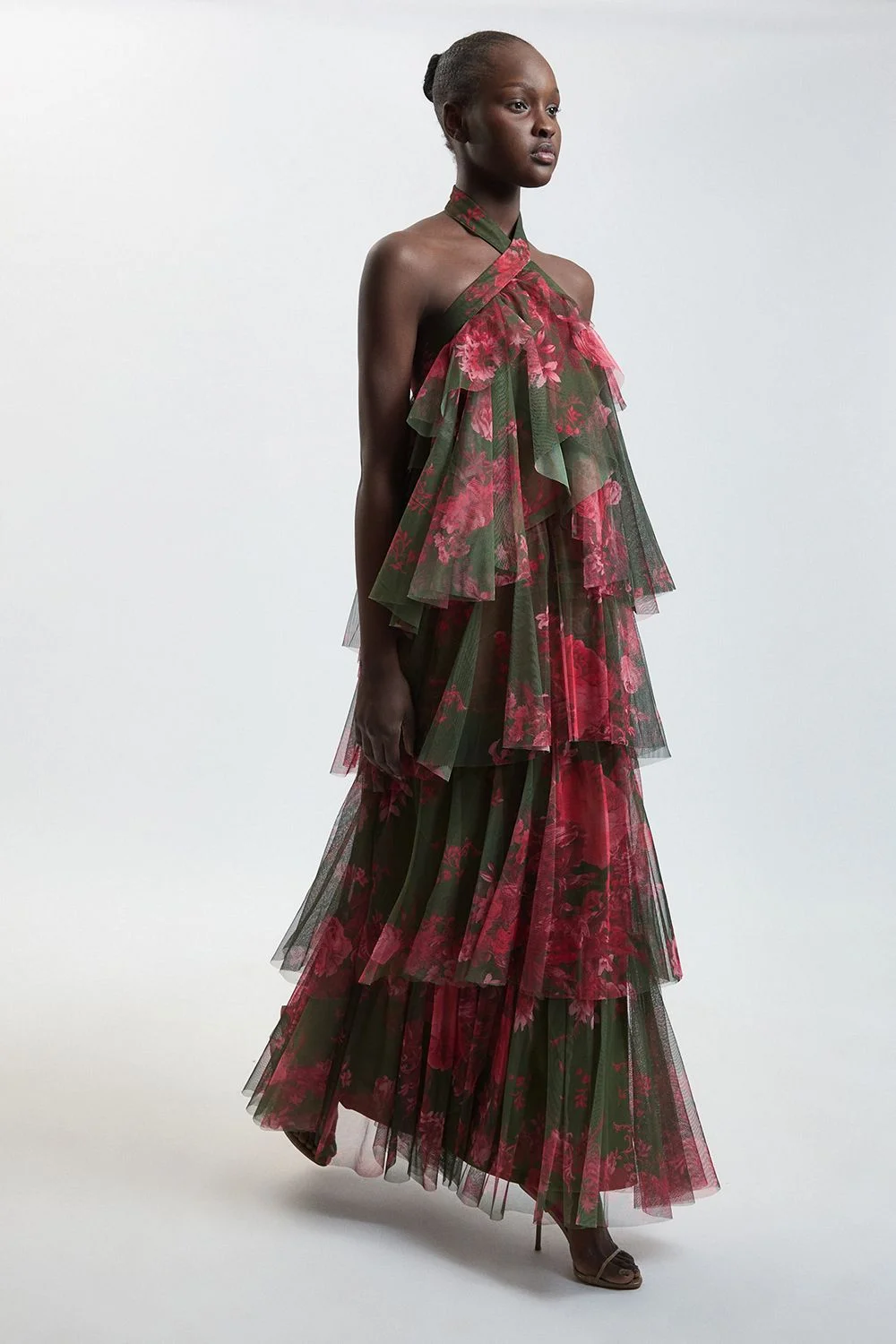 Floral Print Layered Tulle Halterneck Maxi Dress - 1