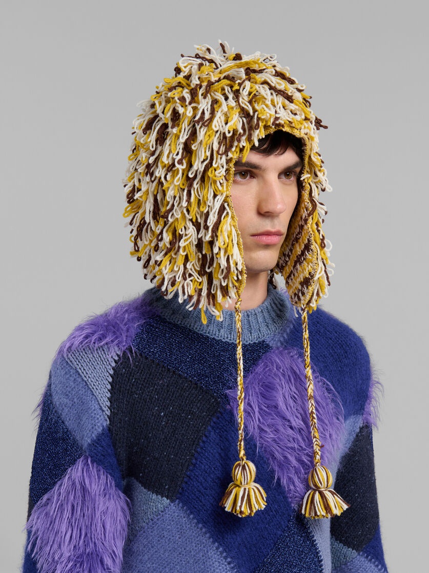 WHITE BROWN AND YELLOW SHAGGY AVIATOR HAT - 2