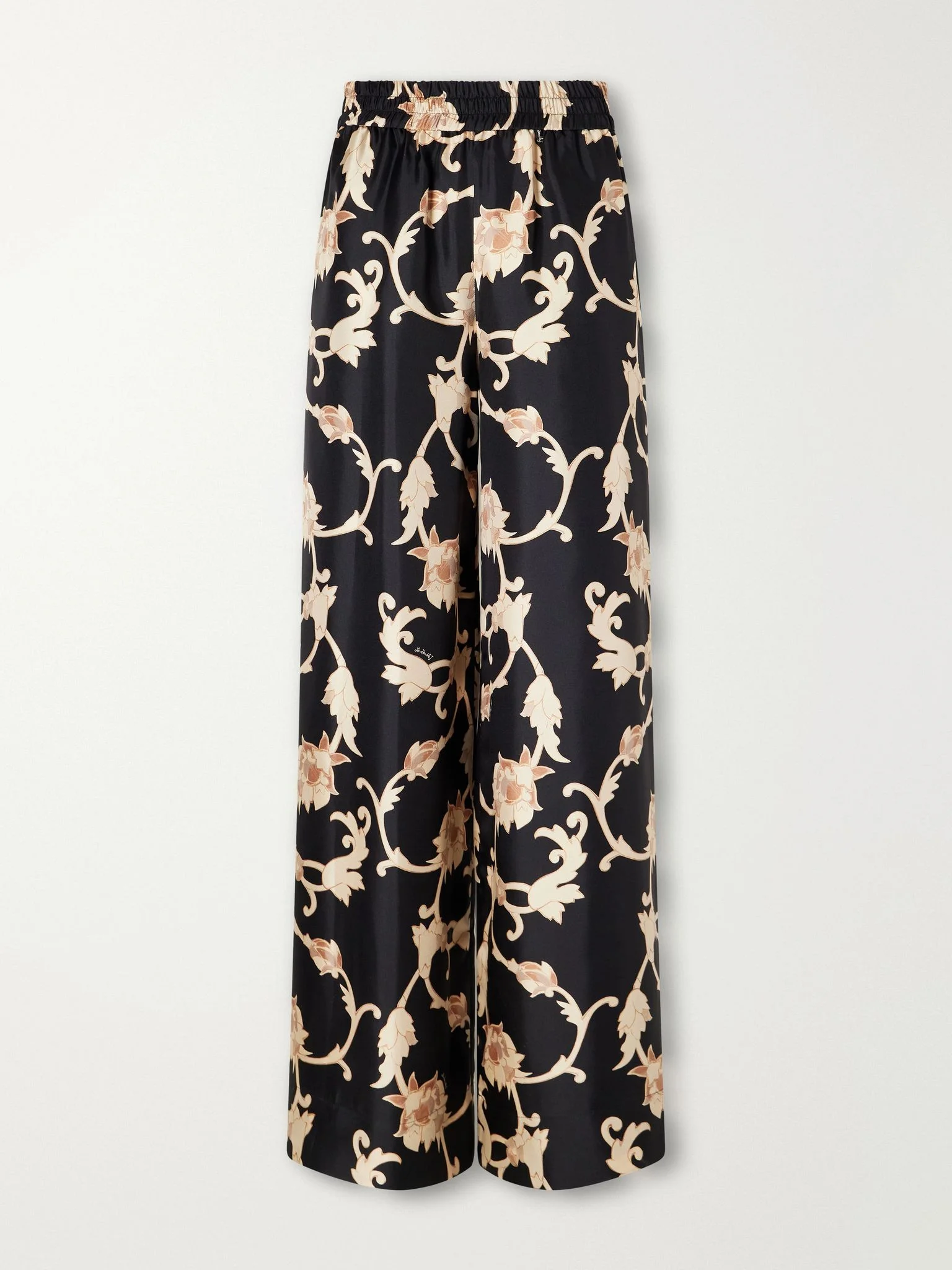 Palazzo floral-print silk-twill wide-leg pants Black - 1