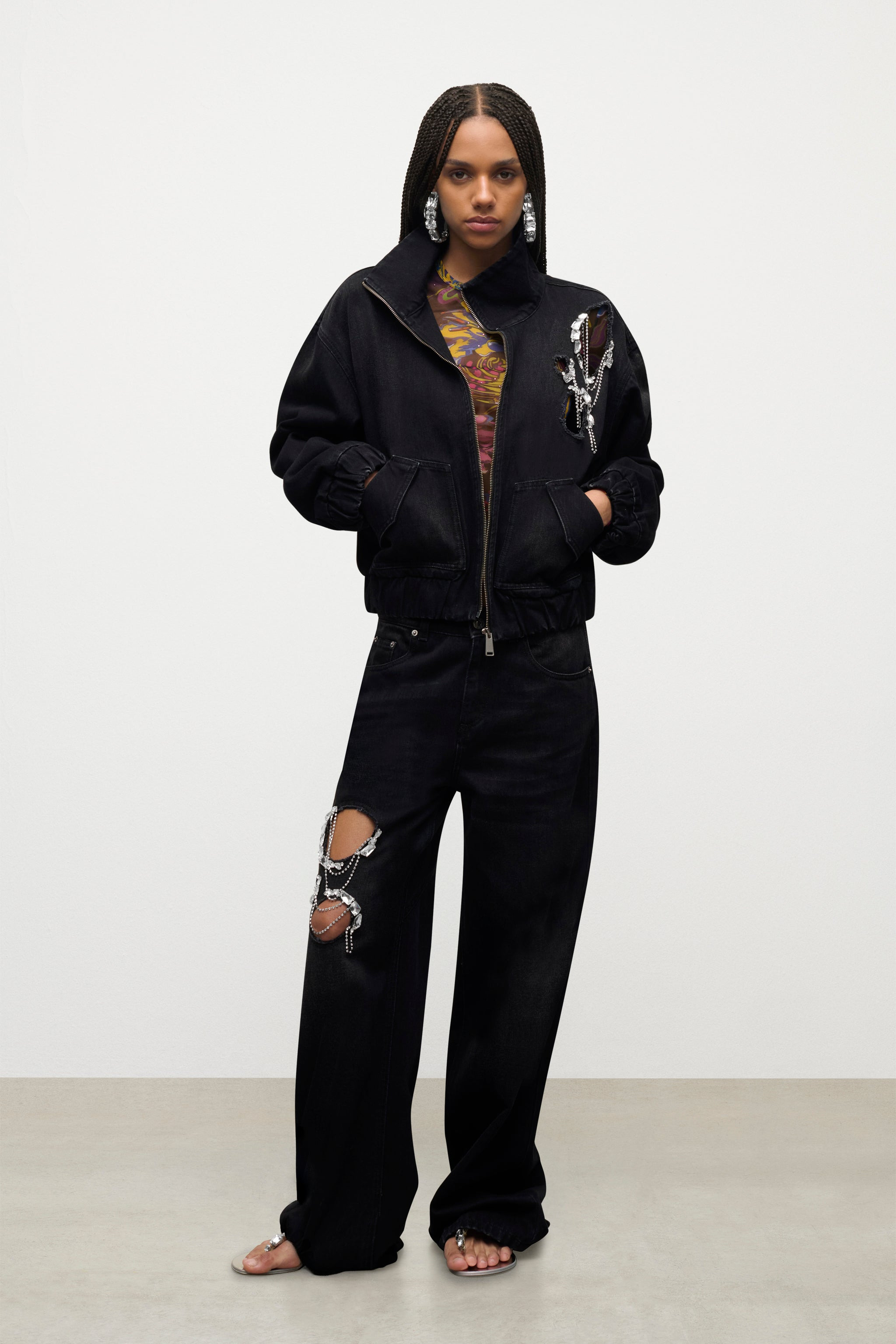 CRYSTAL CHAIN CUTOUT BOMBER JACKET - 3