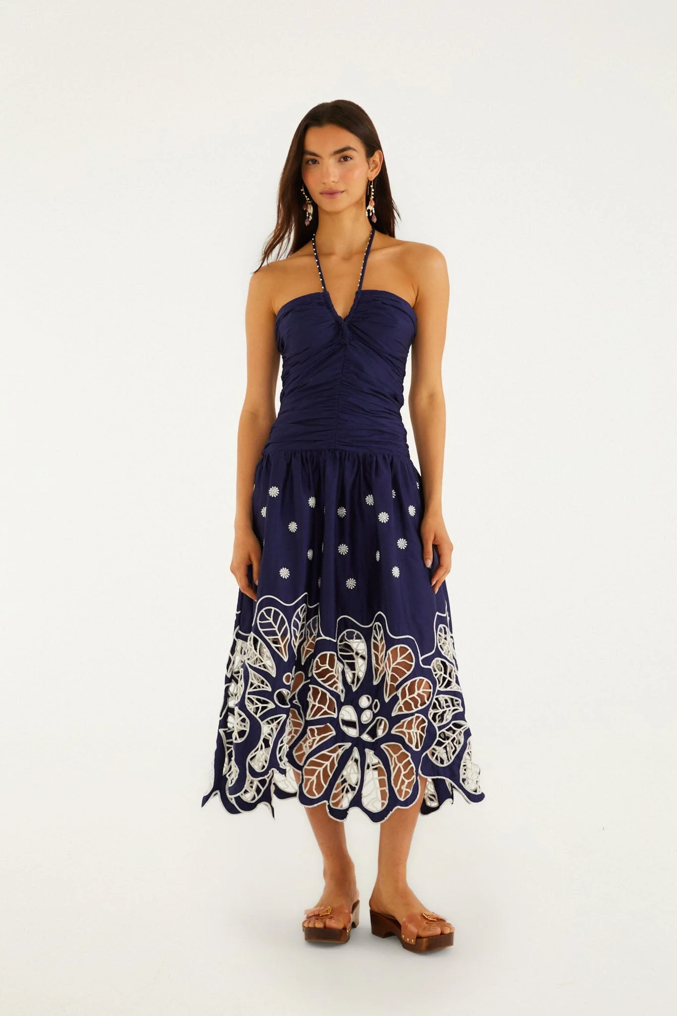 Navy Blue Embroidered Richelieu Midi Dress - 1