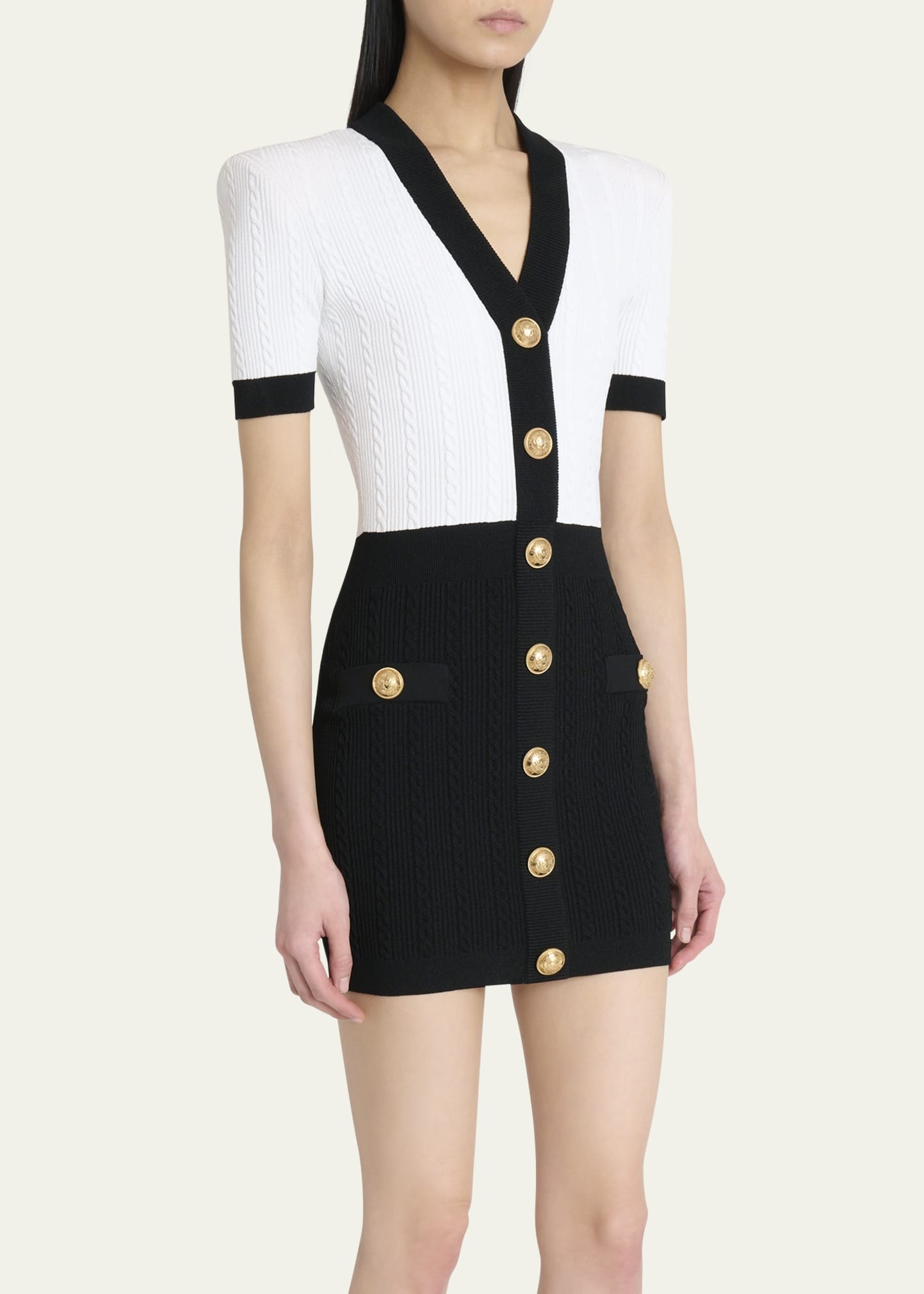 V-Neck Buttoned Strong-Shoulder Torsade Knit Mini Dress - 4