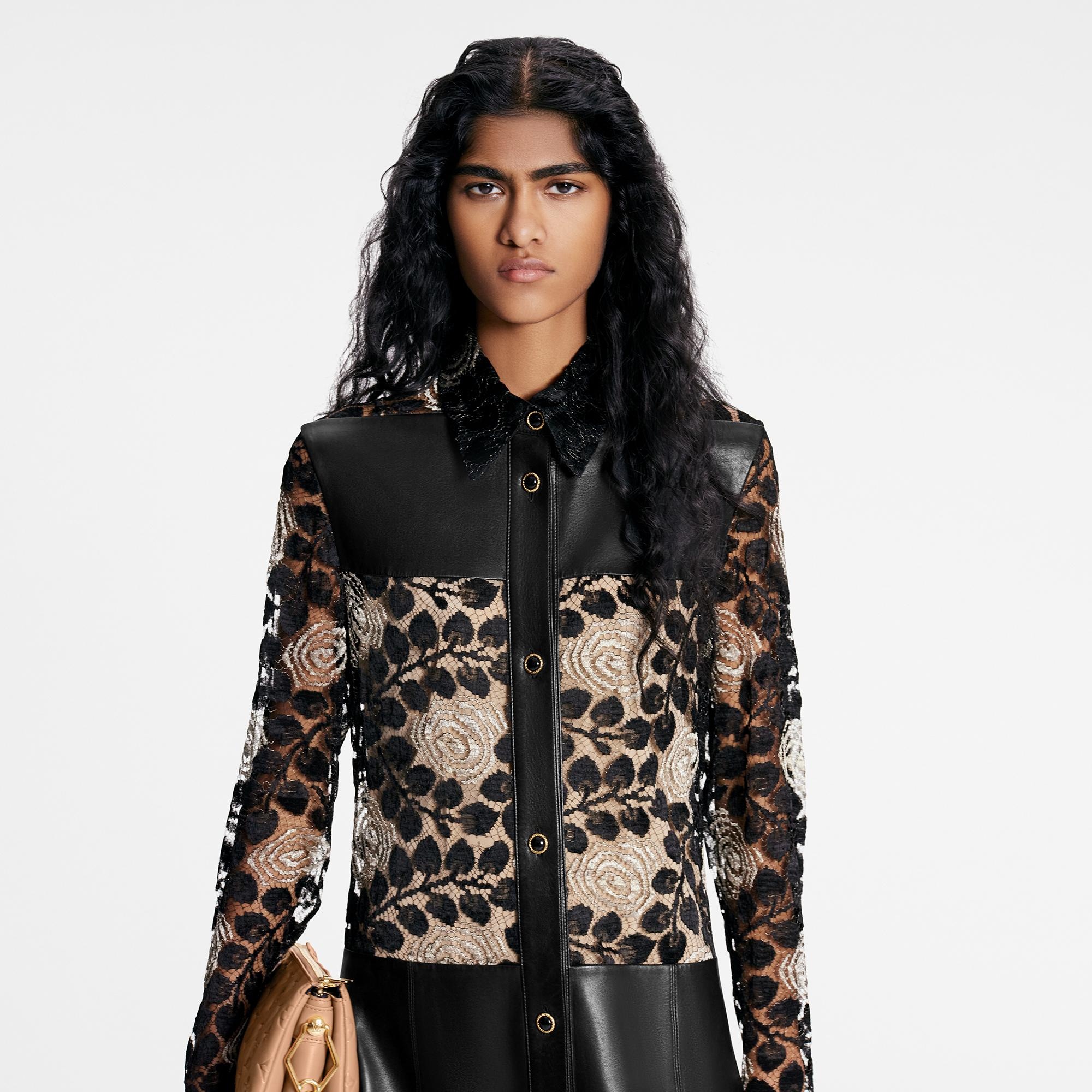 Floral Lace and Leather Shirt Dress - 3