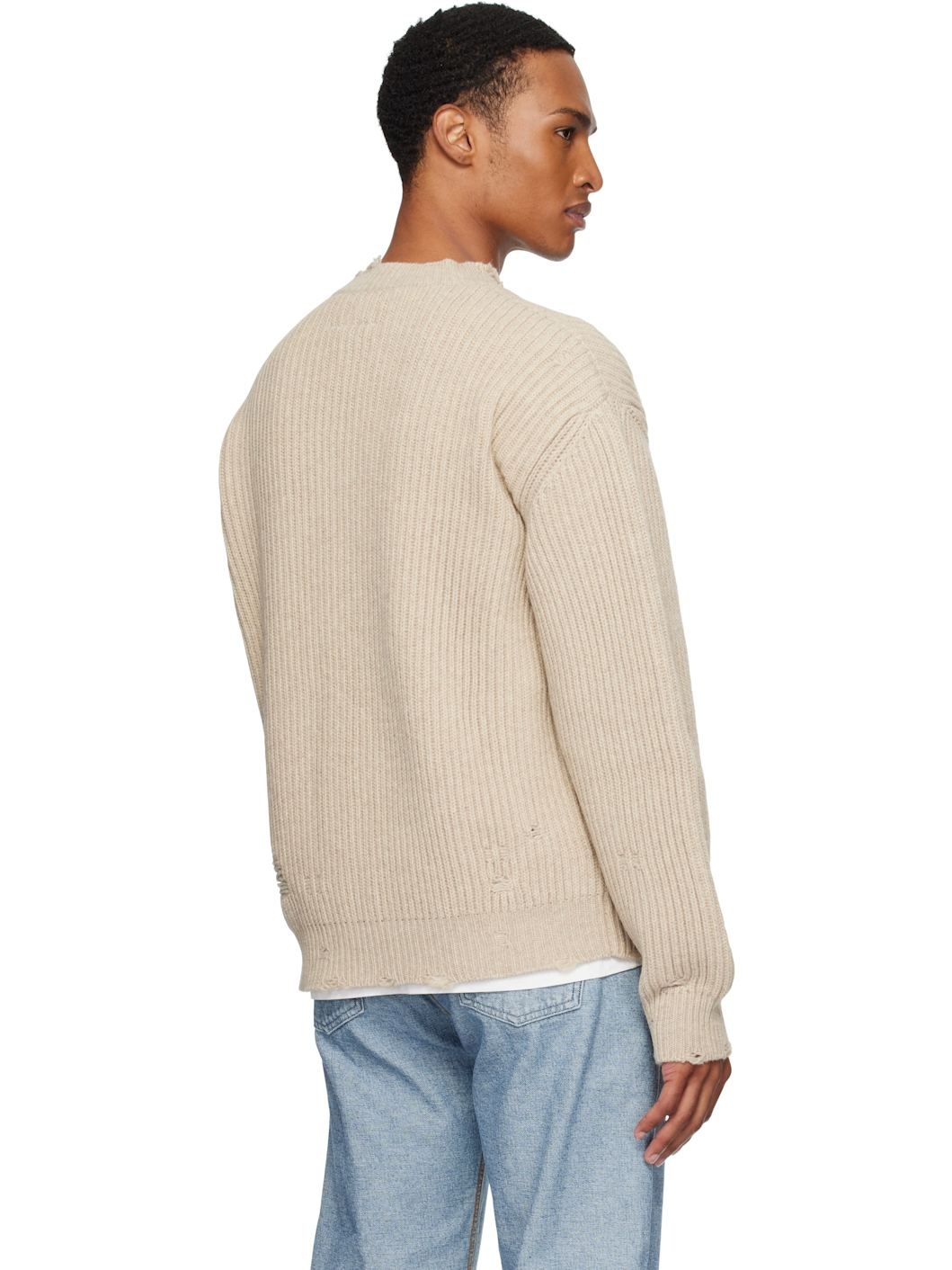 Beige Ribbed Wool Knit Sweater - 3