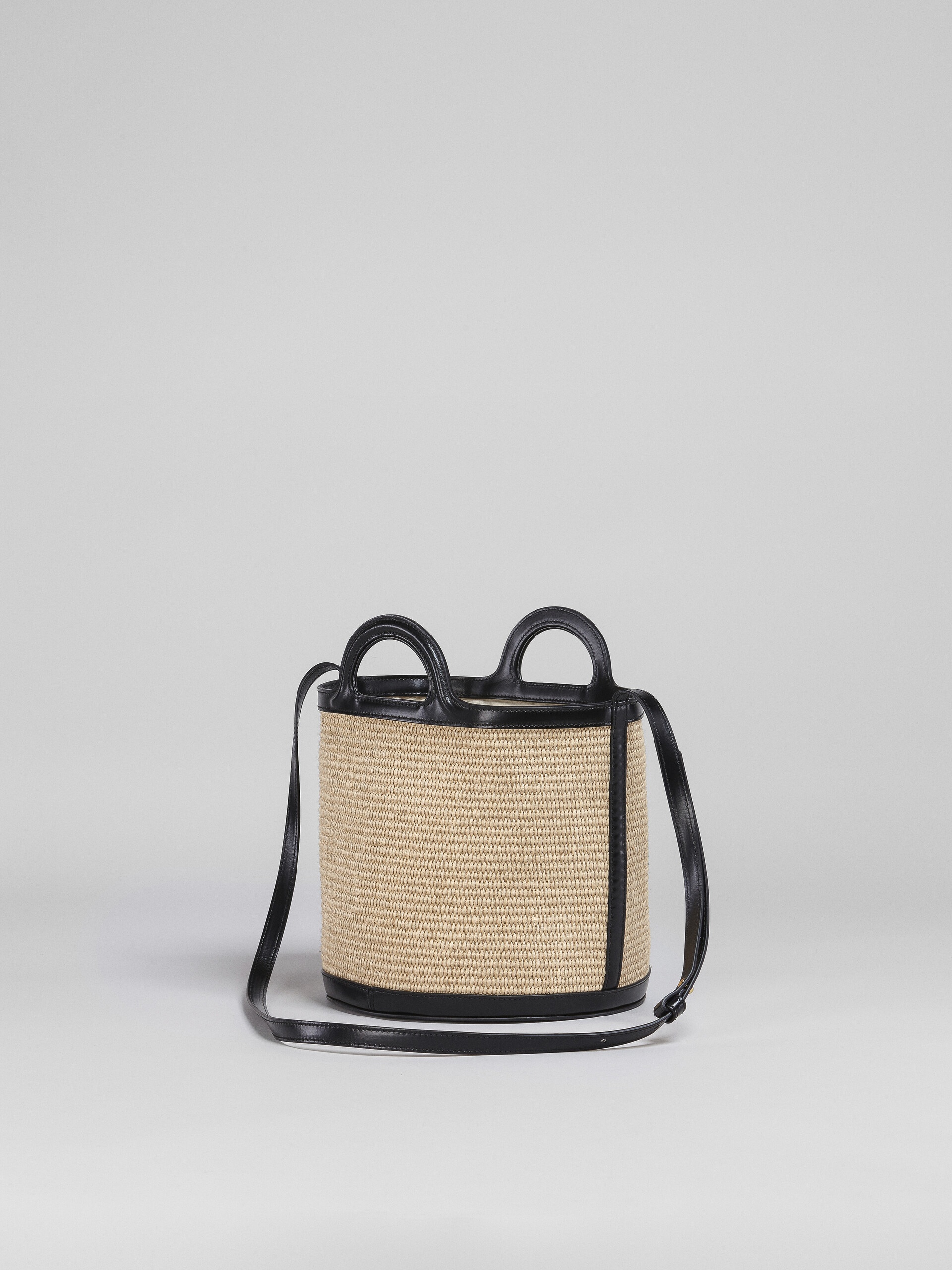 TROPICALIA SMALL BUCKET BAG  IN BLACK LEATHER AND RAFFIA - 3