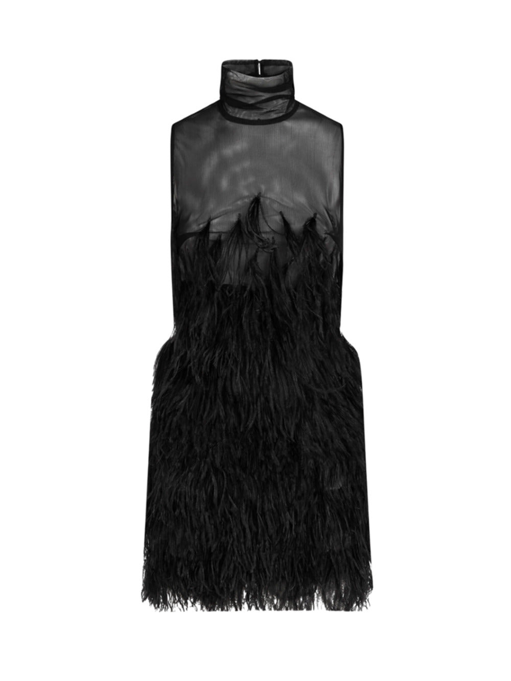 Black Feather-Embroidered Tulle Mini Dress - 1