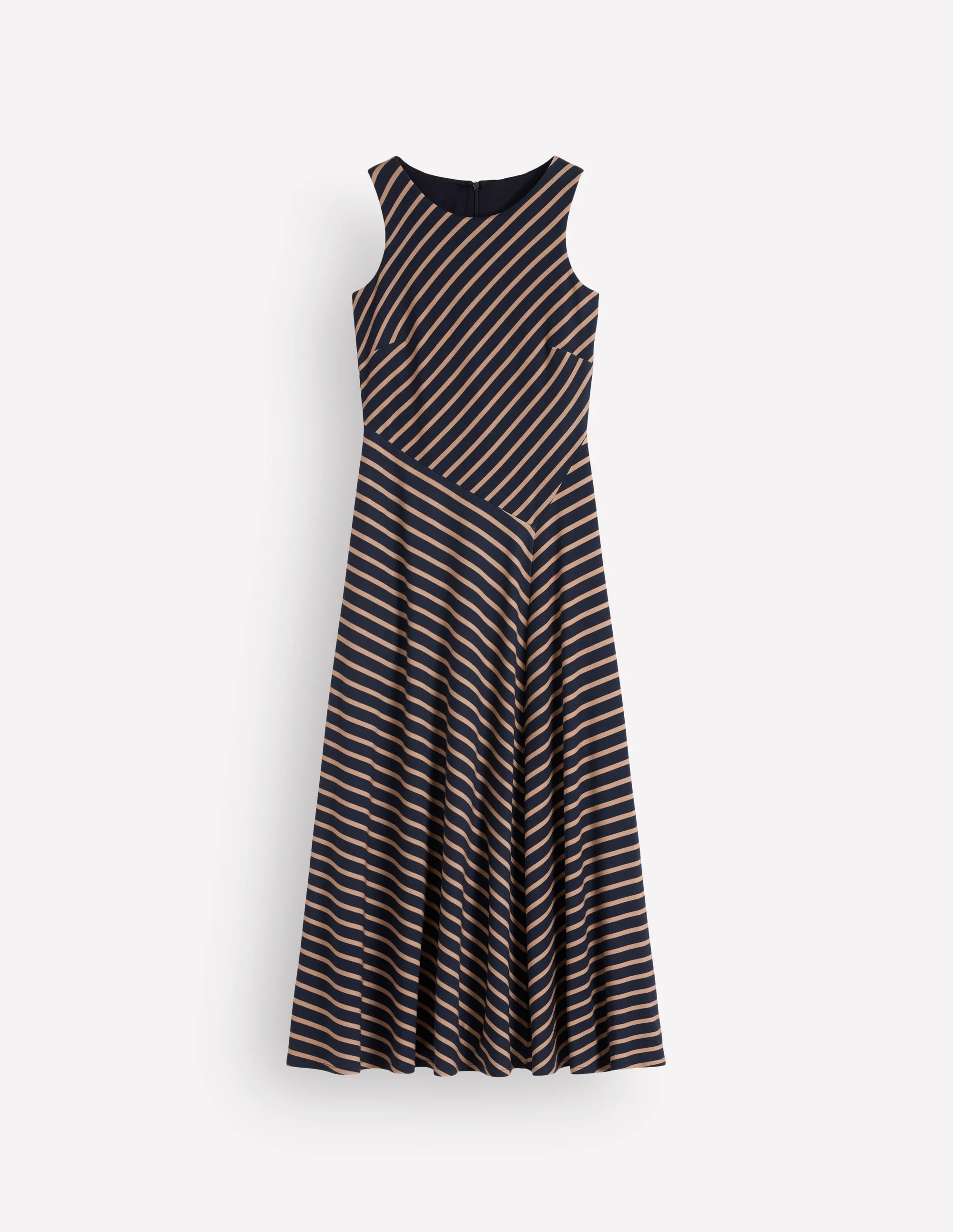 Asymetric Ponte Midi Dress-Navy and Camel Stripe - 1