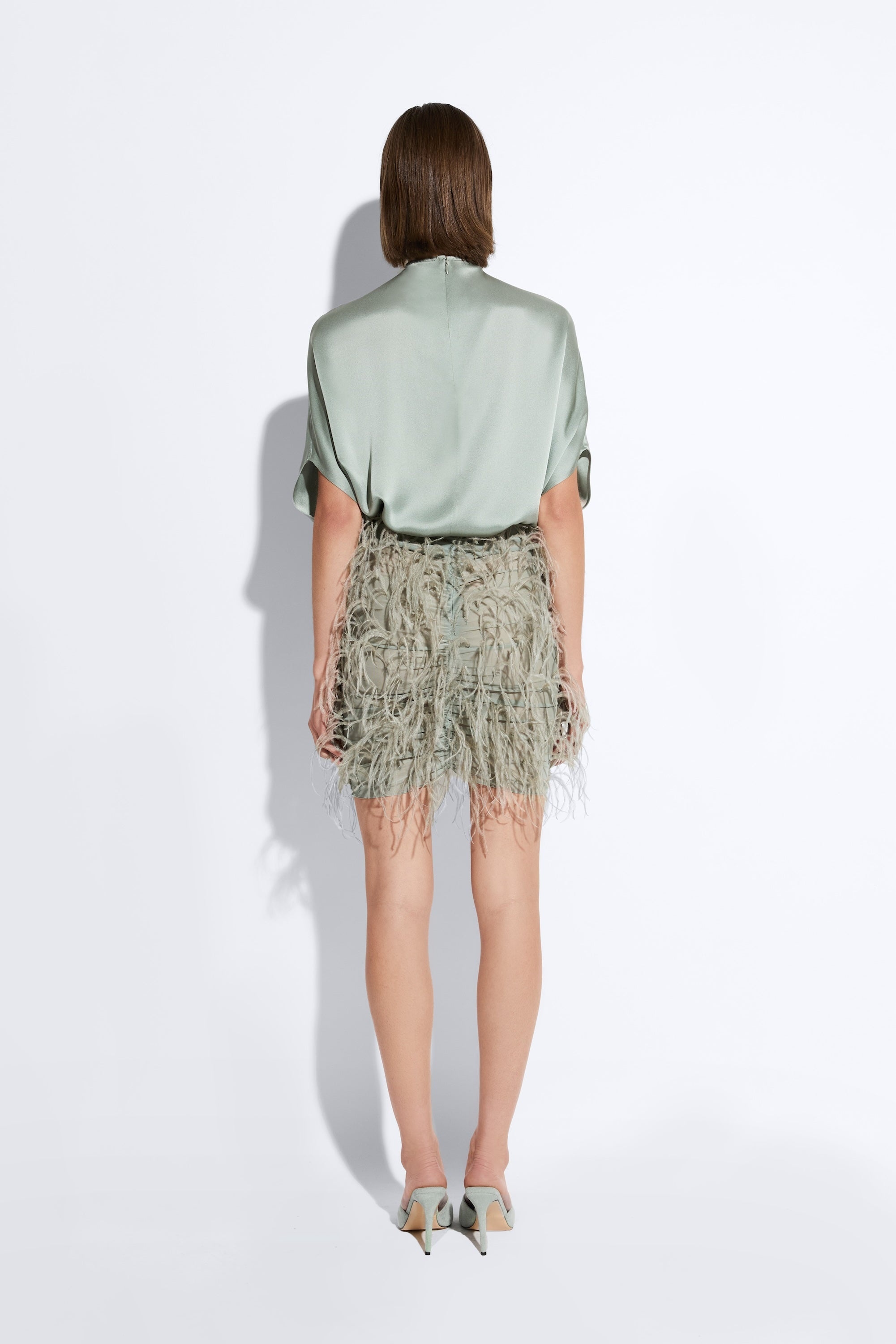 Mesh Ruched Mini Skirt With Feathers - 3