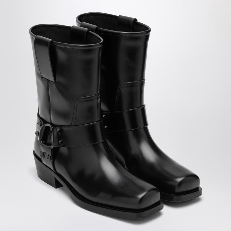 Valentino Garavani Black Leather Biker Rockstud Low Boot Women - 1