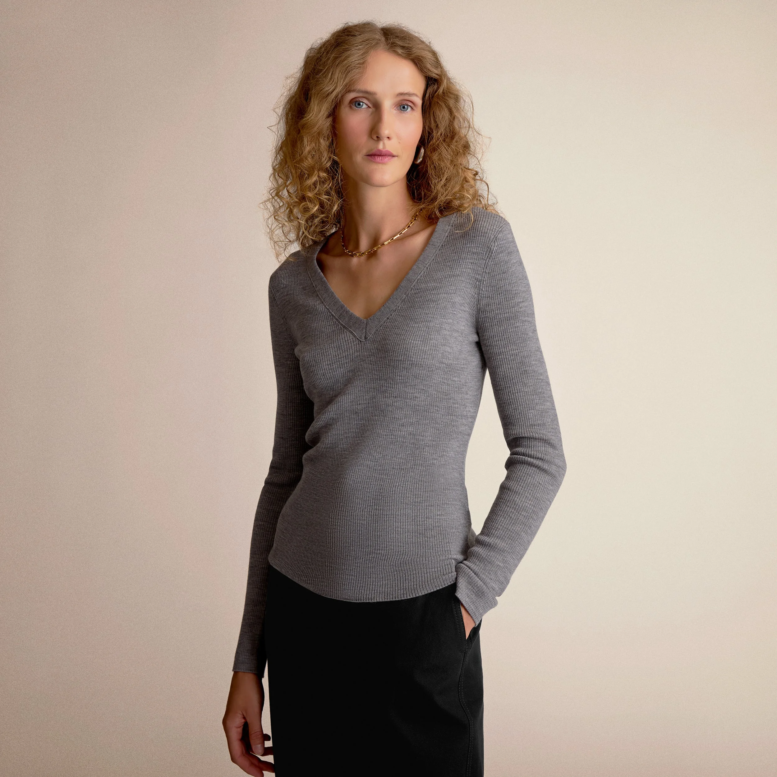 Yanka Fitted V-Neck Sweater - Ribbed Merino - 1