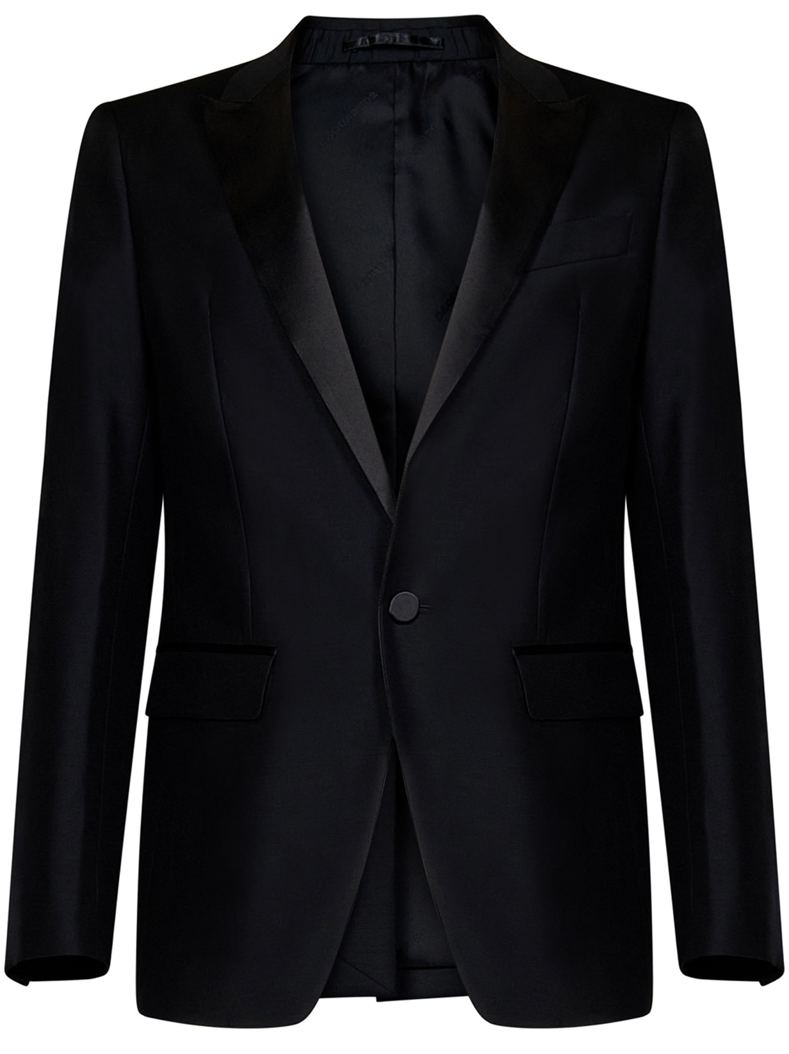 Black virgin wool and silk tuxedo suit with single-breasted blazer with silk satin lapels. - 3