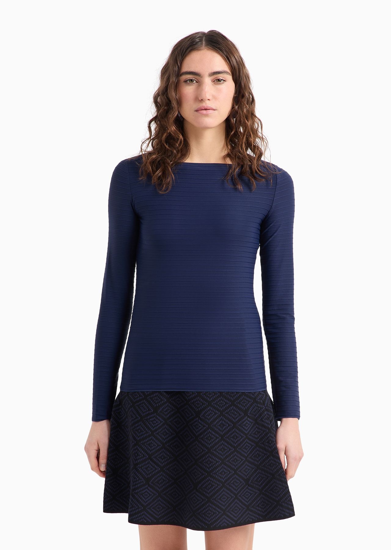 Boat-neck jumper in a jacquard fabric with embossed stripe motif - 2