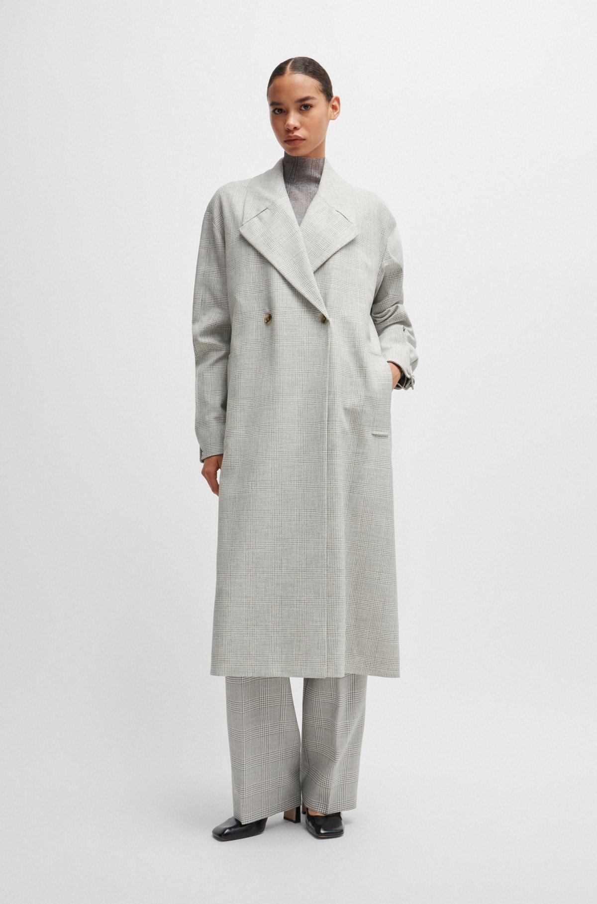 DOUBLE-BREASTED COAT IN CHECKED CREPE WITH PARTIAL LINING - 2