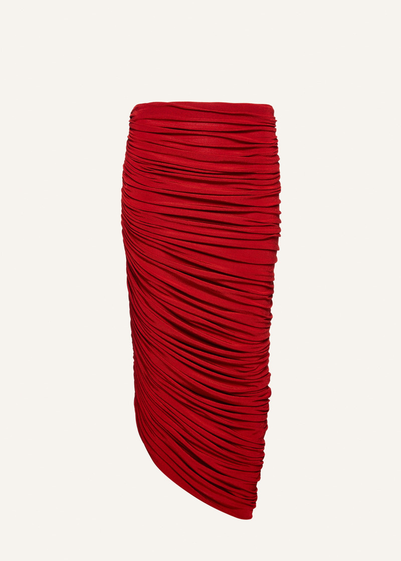 Asymmetrical draped midi skirt in red 1