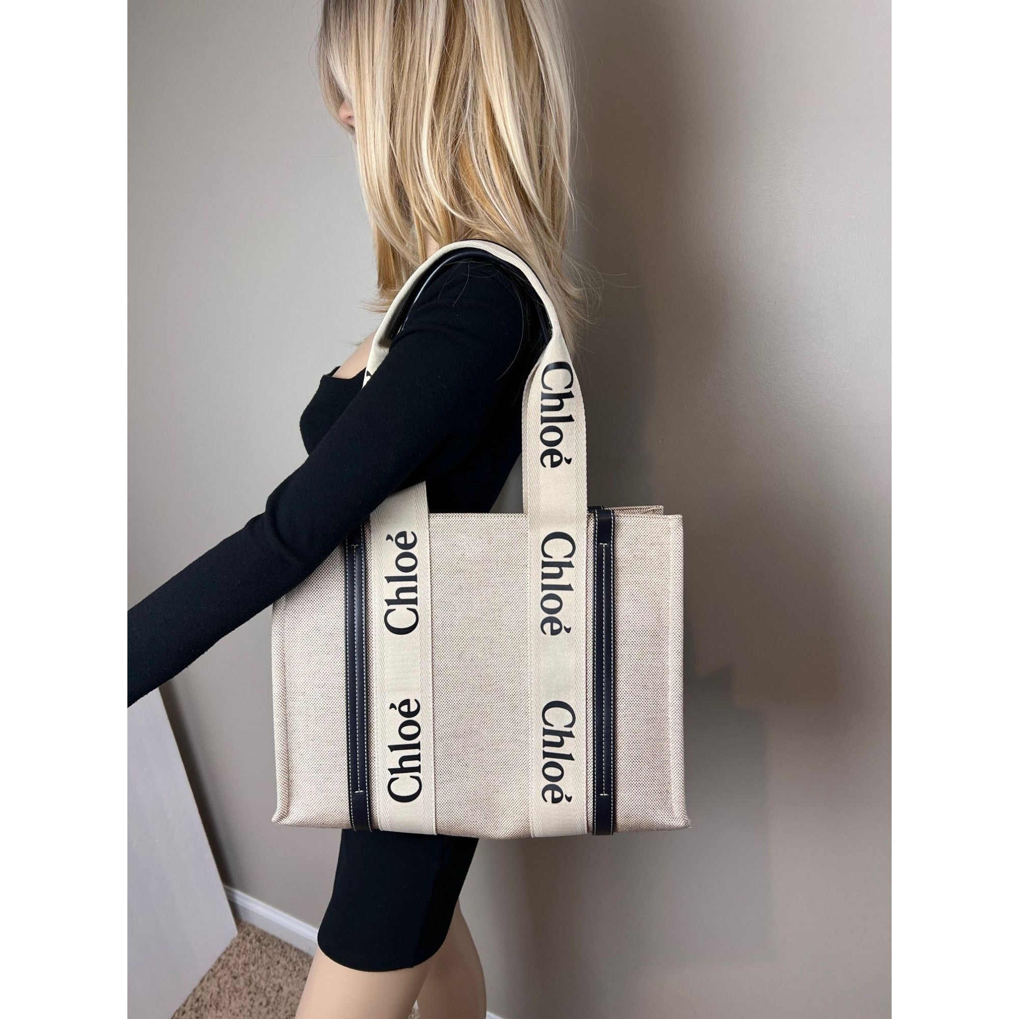 Chloe Woody Ribbon Medium Cotton Calfskin Beige Tote Bag - 7