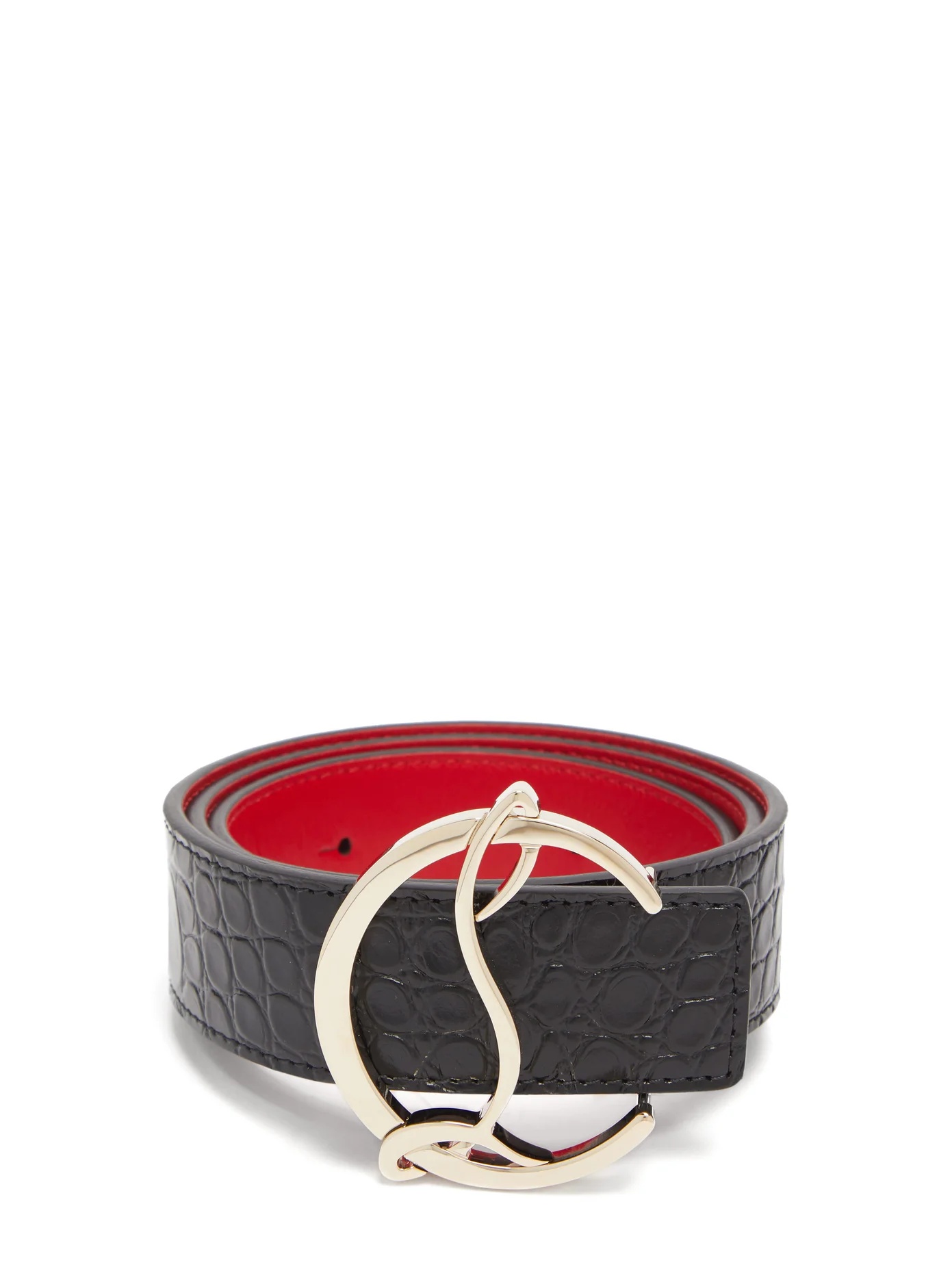 Monogram-buckle crocodile-effect leather belt - 1