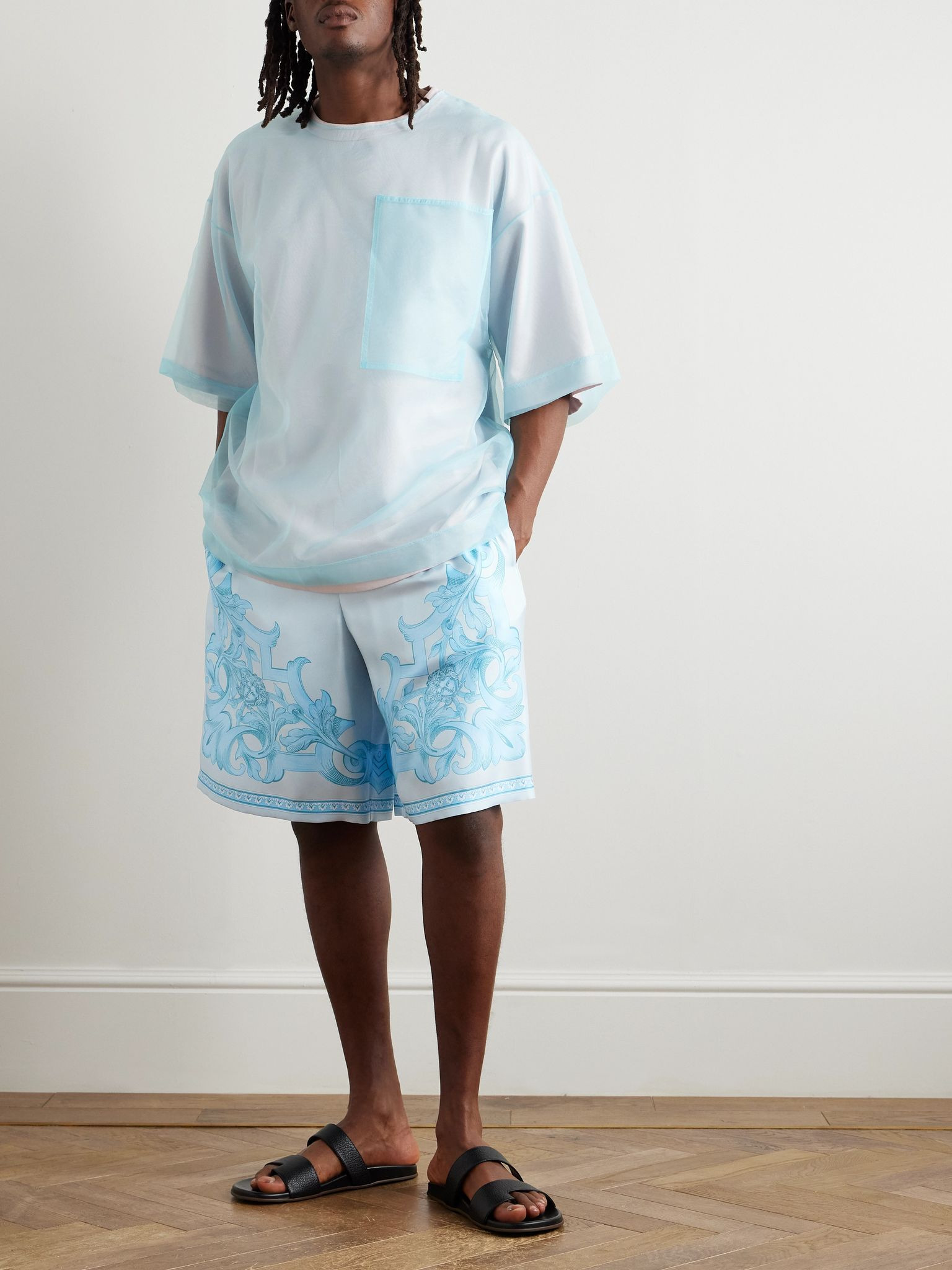 Straight-Leg Printed Silk-Twill Shorts Blue - 2