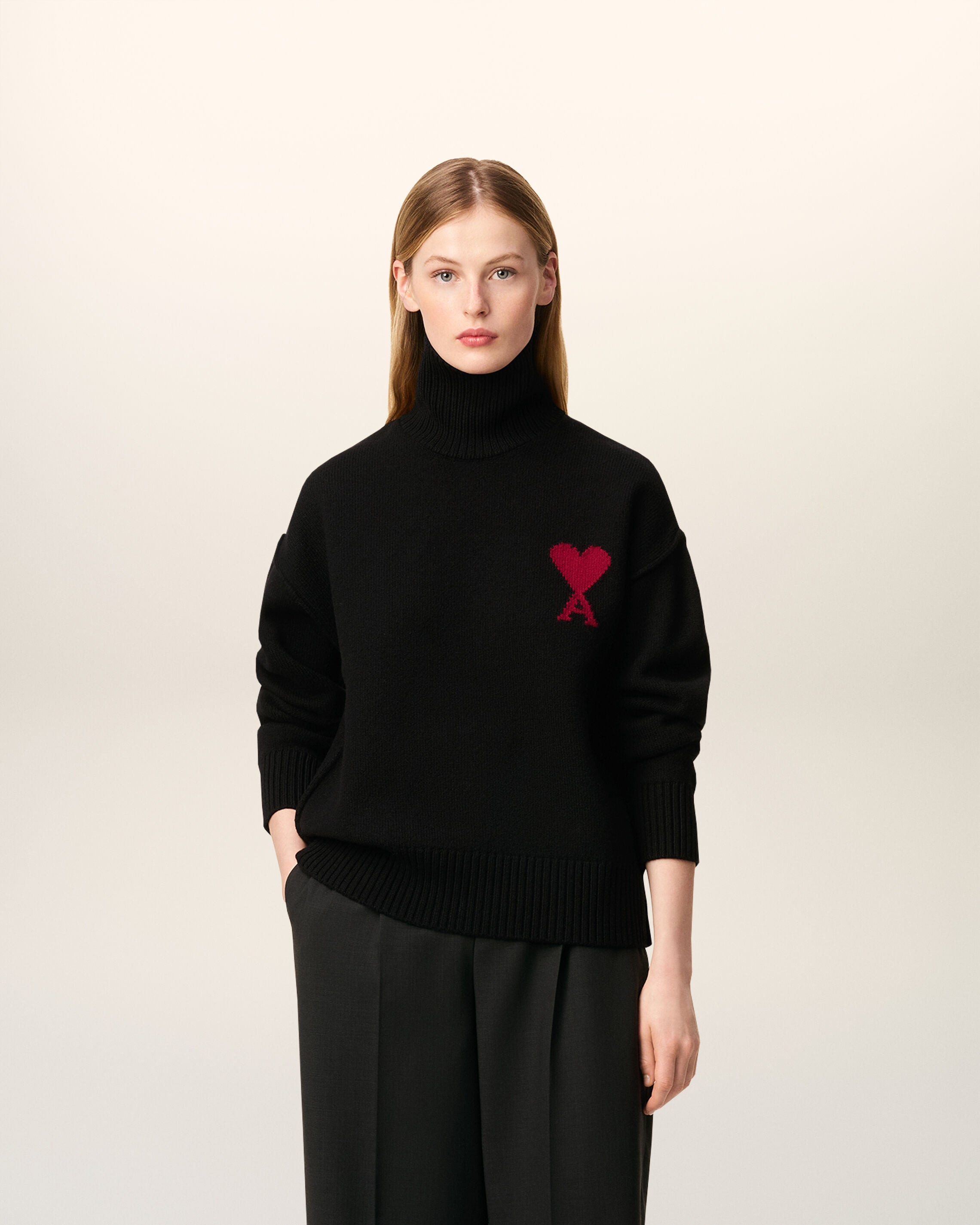 BLACK WOOL AMI DE COEUR FUNNEL NECK SWEATER - 2