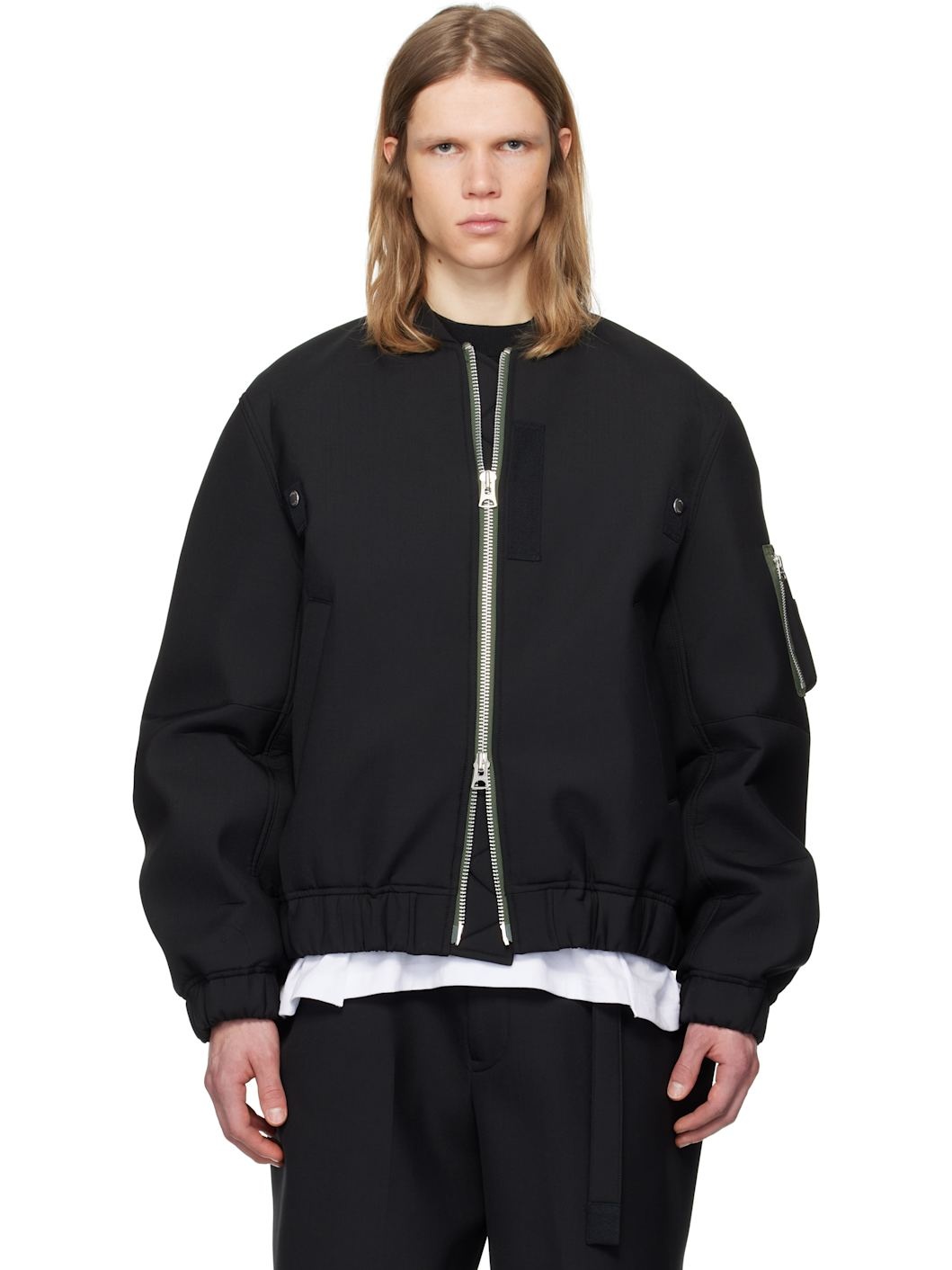 Black Suiting Bonding Bomber Jacket - 1