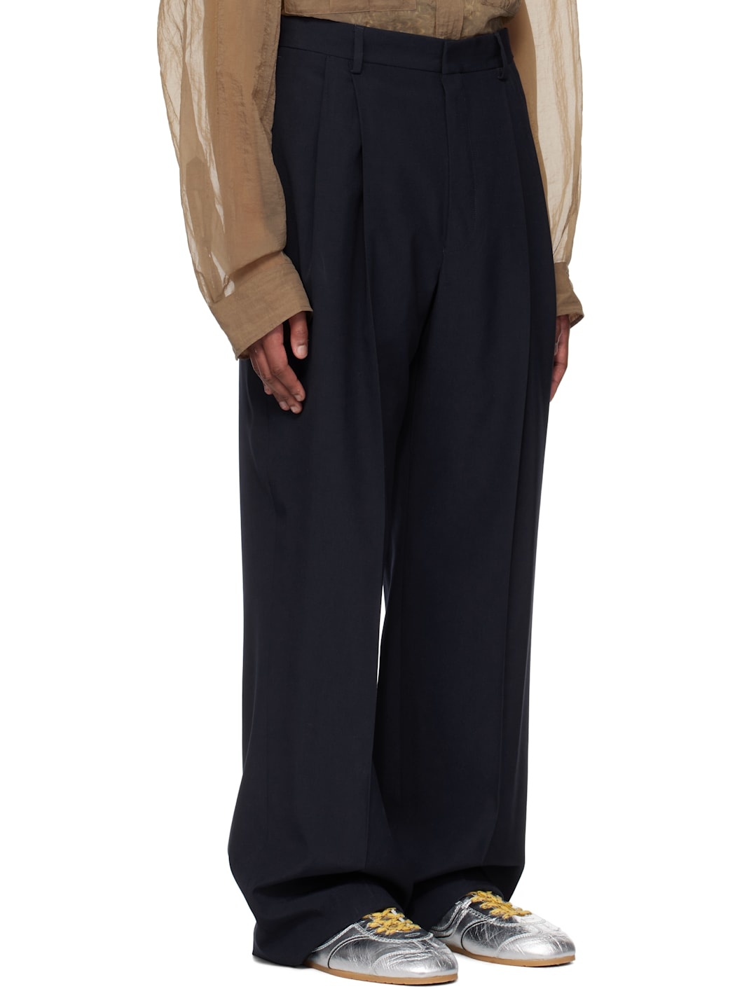 Navy Wool Straight Trousers - 2