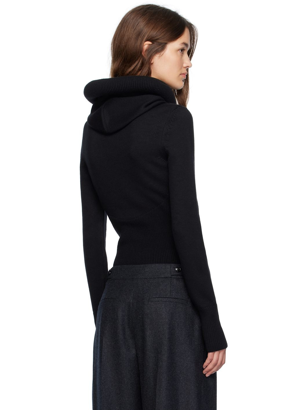 Black Sculptural Hood Ribbed Knit Turtleneck - 3