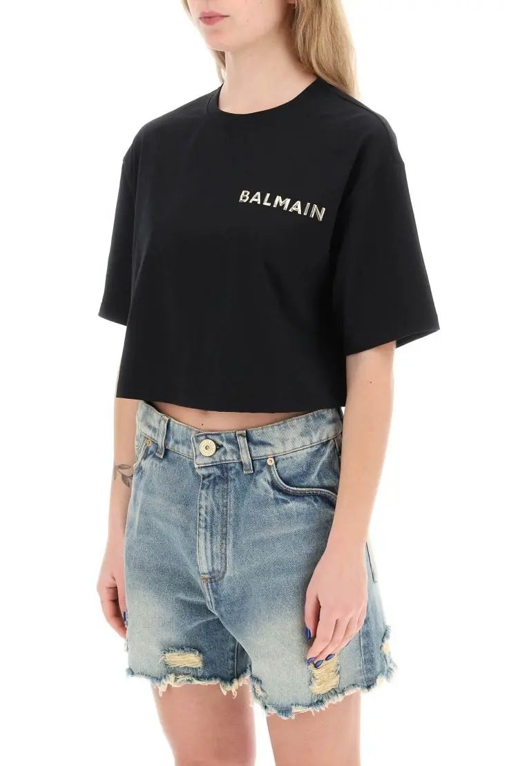 CROPPED T-SHIRT WITH METALLIC LOGO - 4