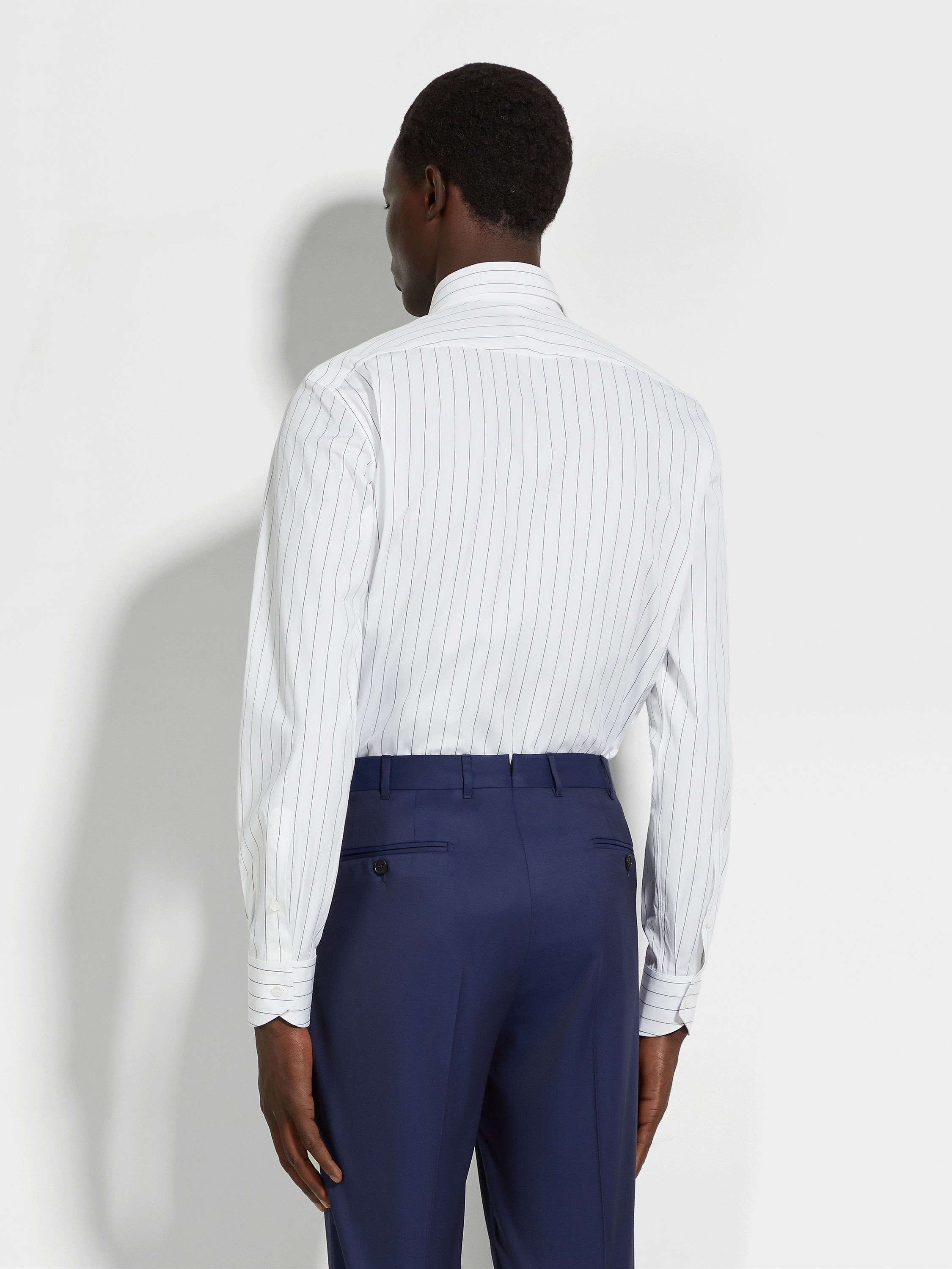 WHITE AND NAVY BLUE MACRO-STRIPED CENTOVENTIMILA COTTON SHIRT - 5