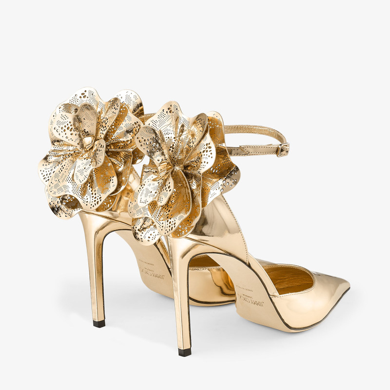 JIMMY CHOO Marja 100
Gold Liquid Metal Leather Sandals with Metal Leather Lace Corsage outlook