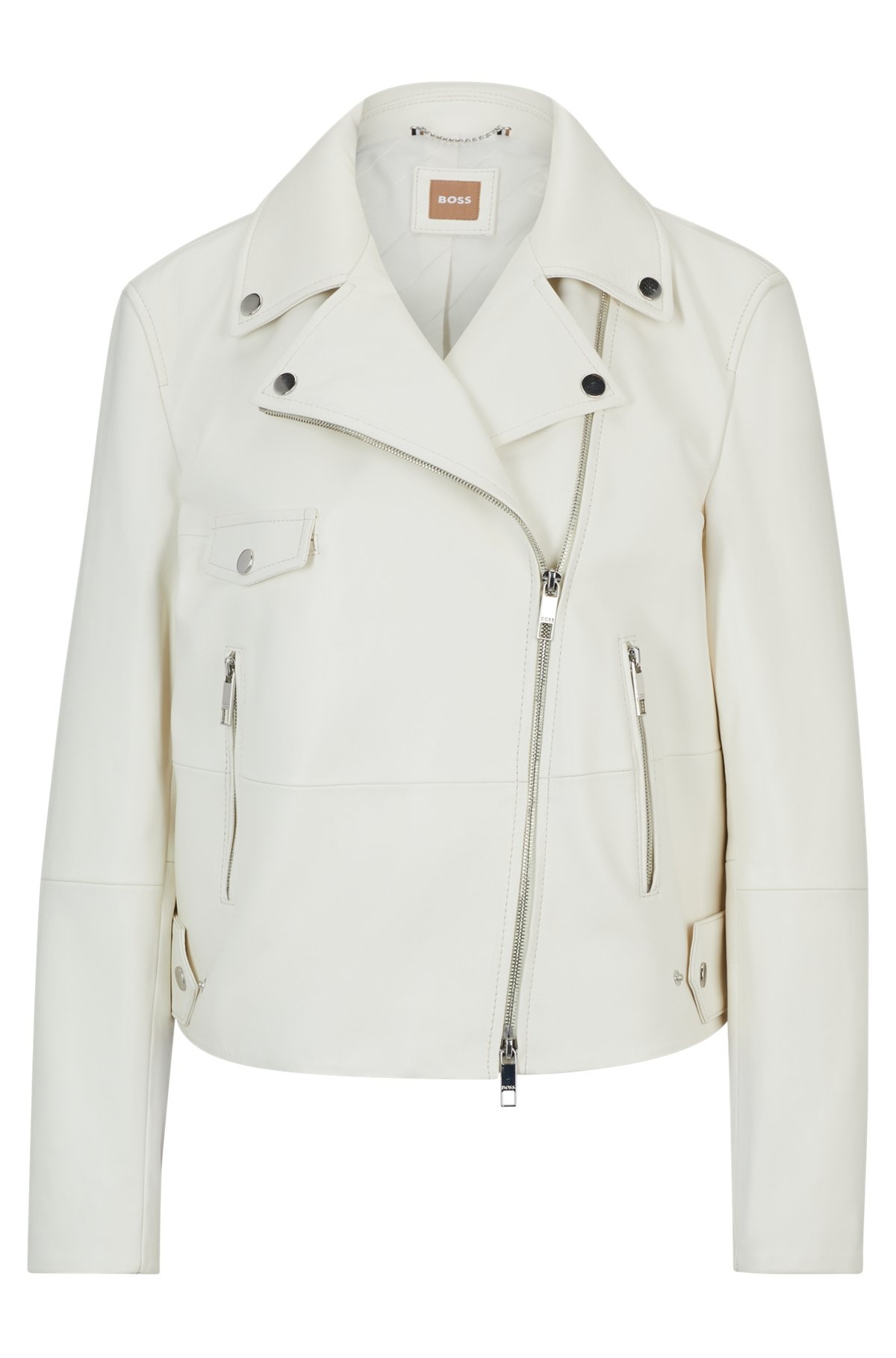 LEATHER JACKET WITH SIGNATURE LINING AND ASYMMETRIC ZIP - 1