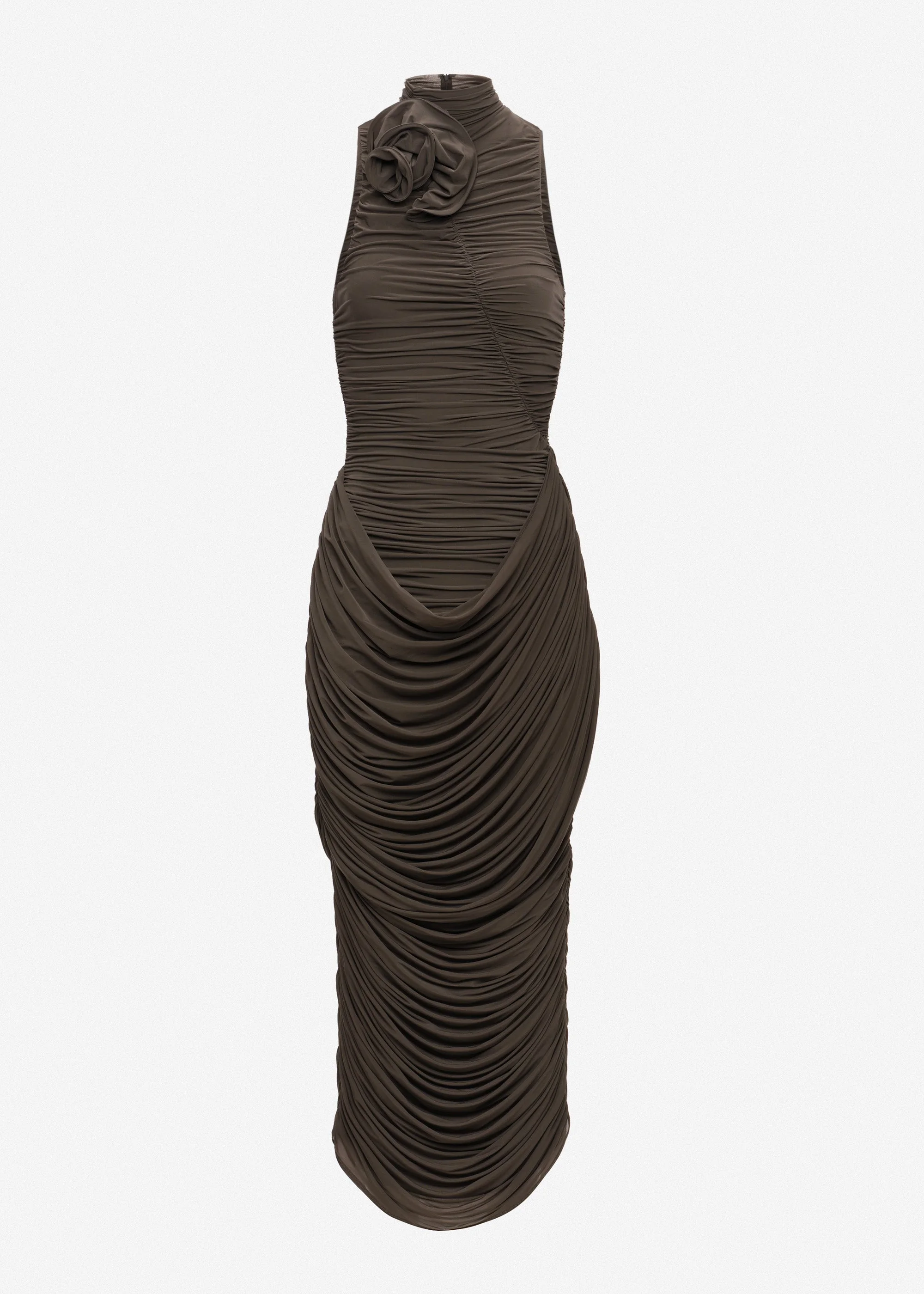 High-neck draped midi dress in brown - 1