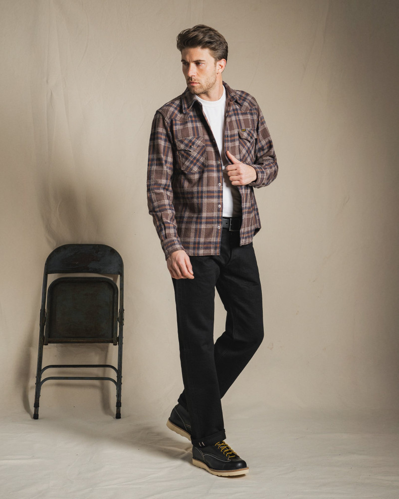 SLUBBY HEAVY FLANNEL CHECK WESTERN SHIRT - BROWN 4