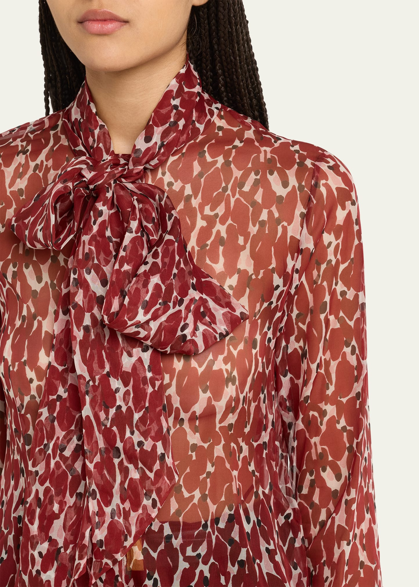 Semi-Sheer Printed Tie Neck Blouse - 5