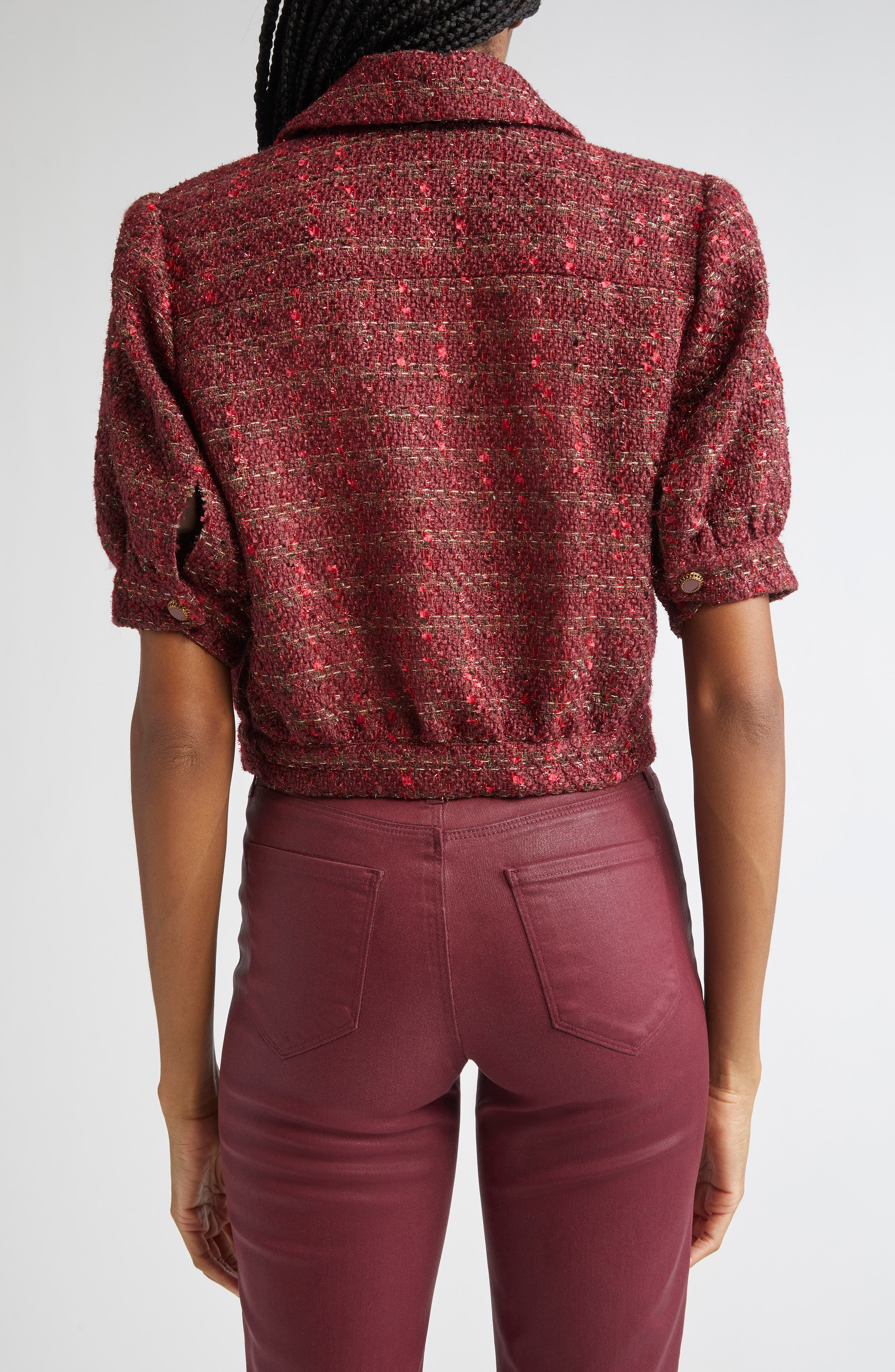 L'AGENCE Tweed Check Puff Sleeve Jacket in Brown/blk Cherry Multi Tweed at Nordstrom - 3