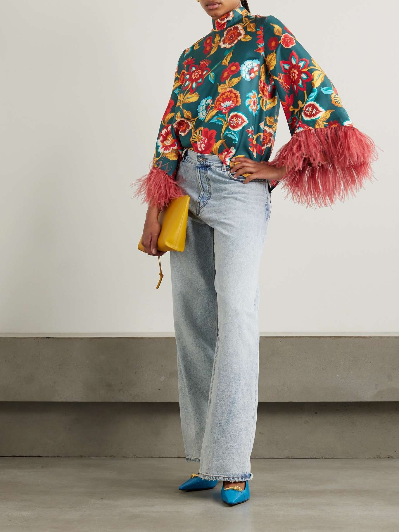 Make An Exit feather-trimmed floral-print silk-twill top - 2