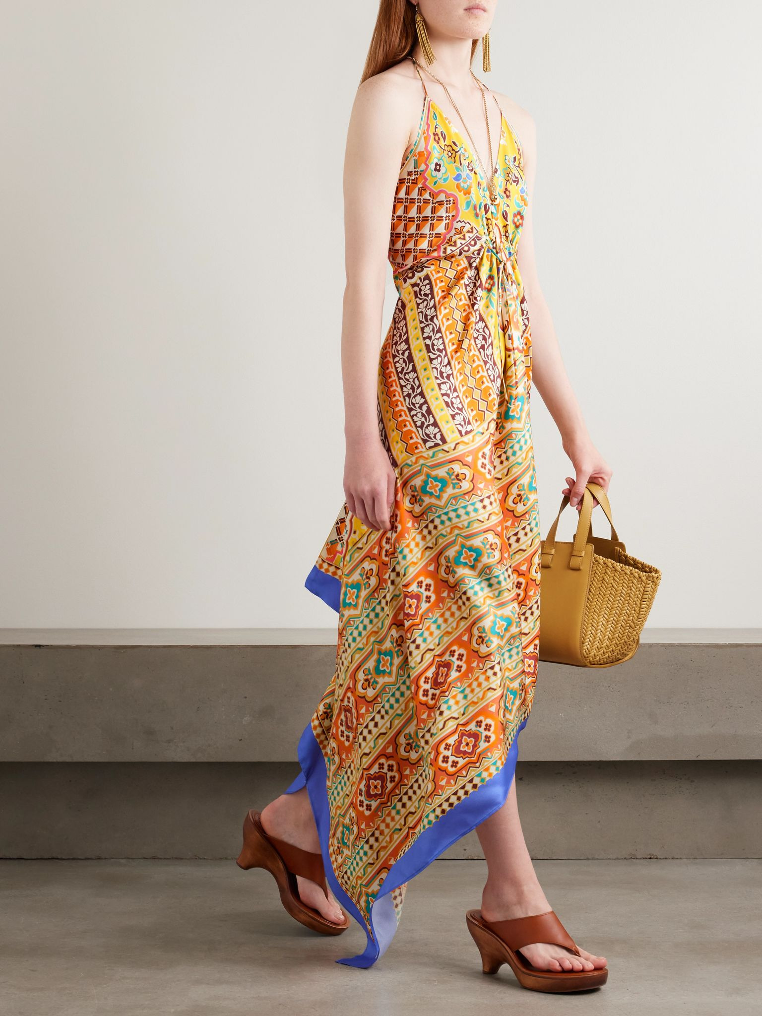 Asymmetric floral-print silk-twill halterneck dress Yellow - 2