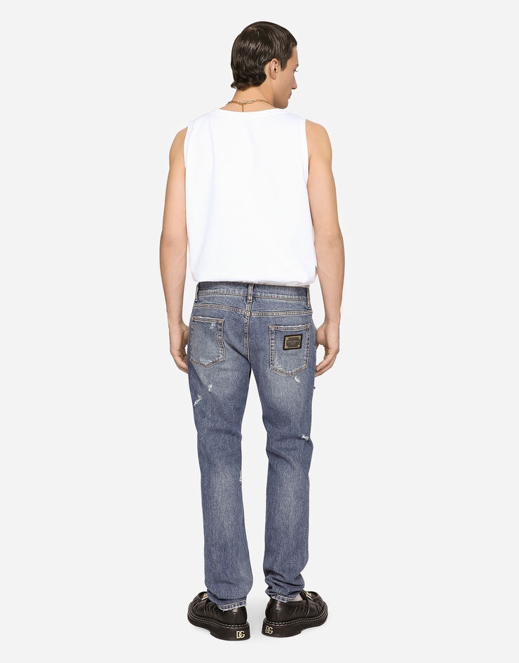 Mid blue slim-fit stretch jeans with rips - 2