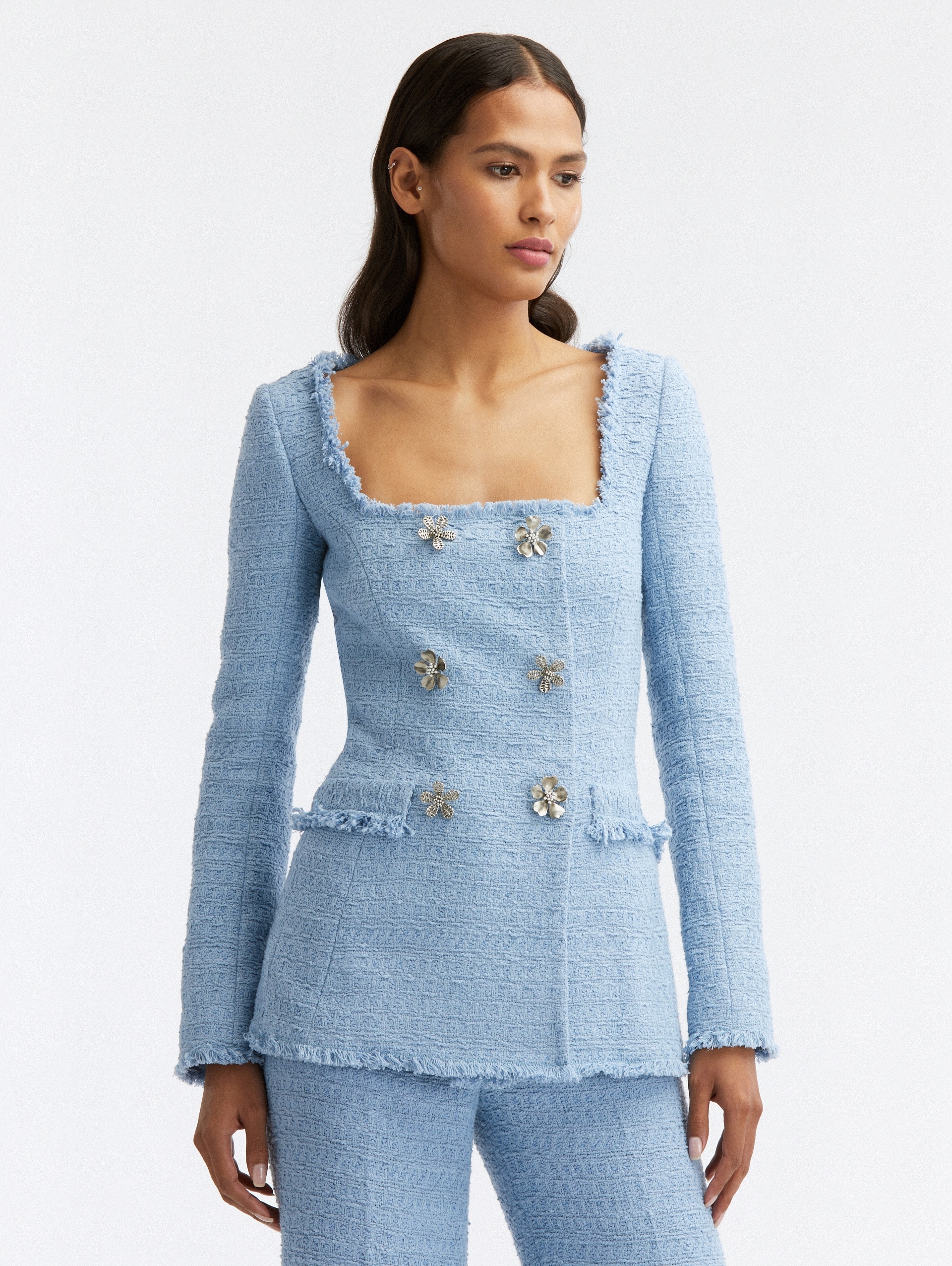 FLORAL BUTTON DOUBLE-BREASTED TWEED JACKET - 1