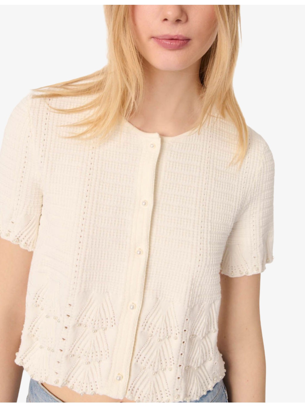 Round-Neck Short-Sleeve Embroidered Stretch-Knit Cardigan - 5
