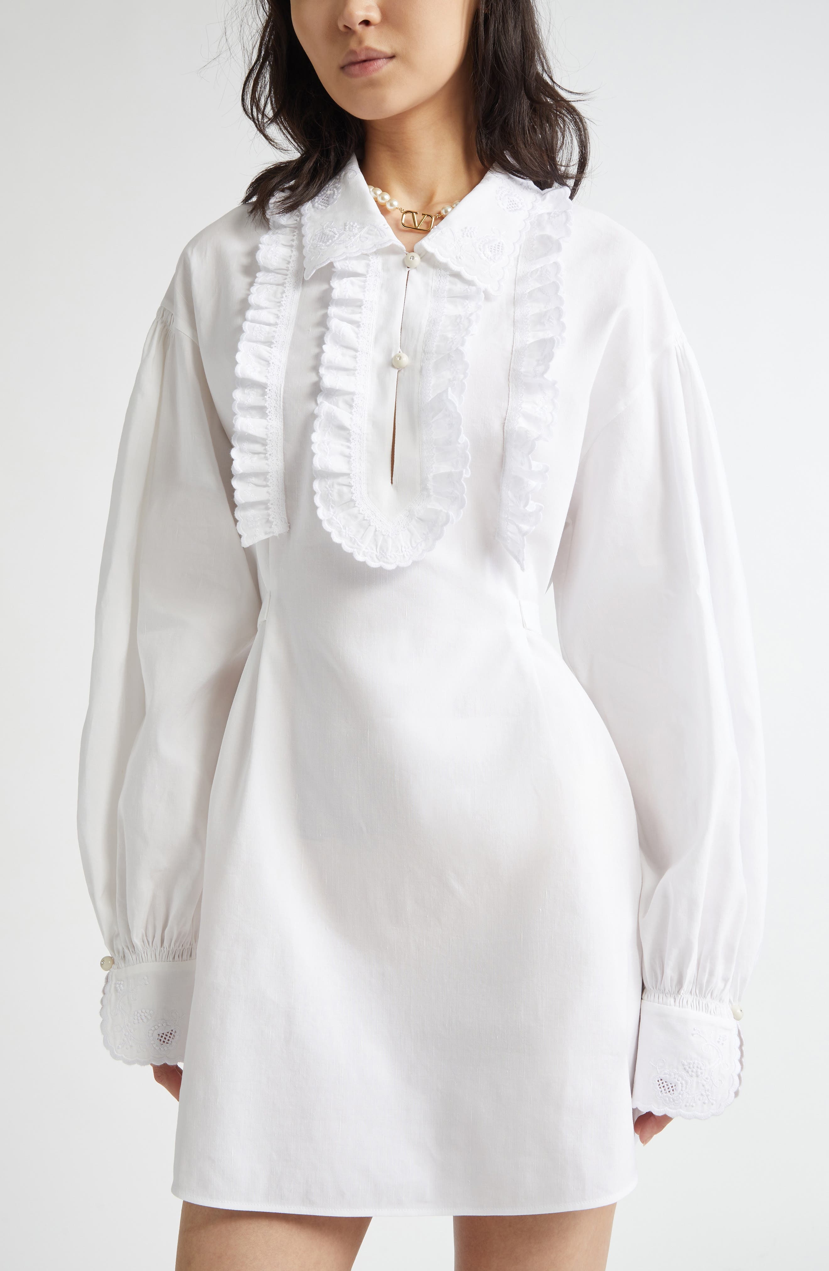 Valentino Garavani Floral Embroidered Ruffle Long Sleeve Minidress in White at Nordstrom - 4