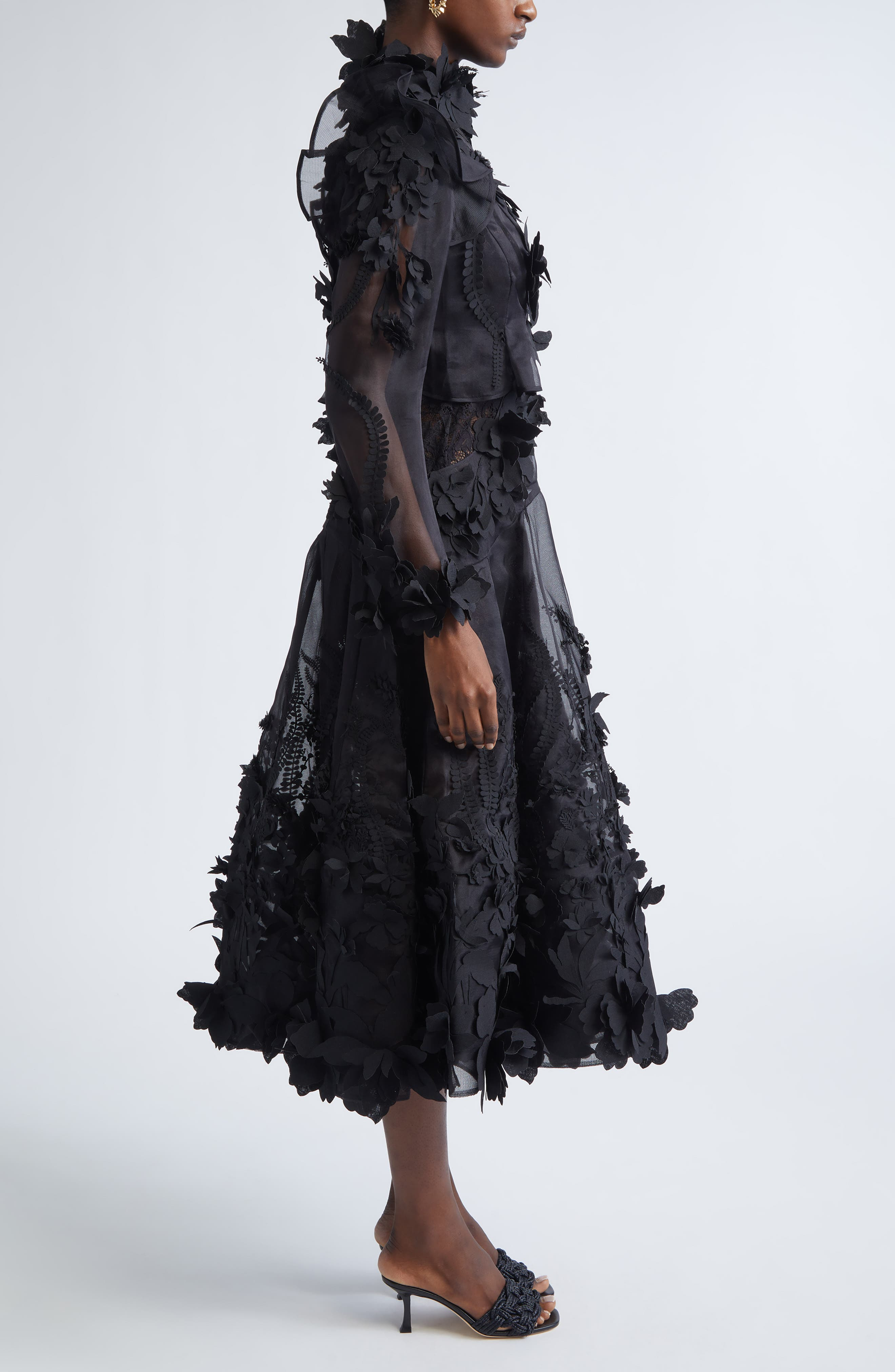 Zimmermann Hypnotic Appliqué Long Sleeve Silk Midi Dress in Black at Nordstrom - 3