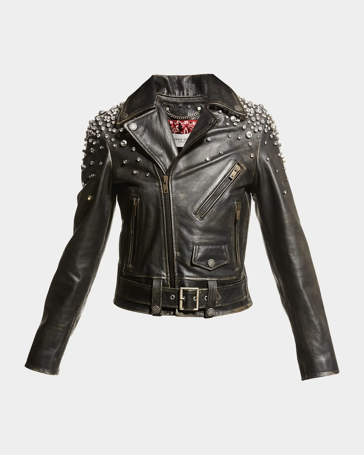 Golden Distressed Leather Jacket with Crystals - 1