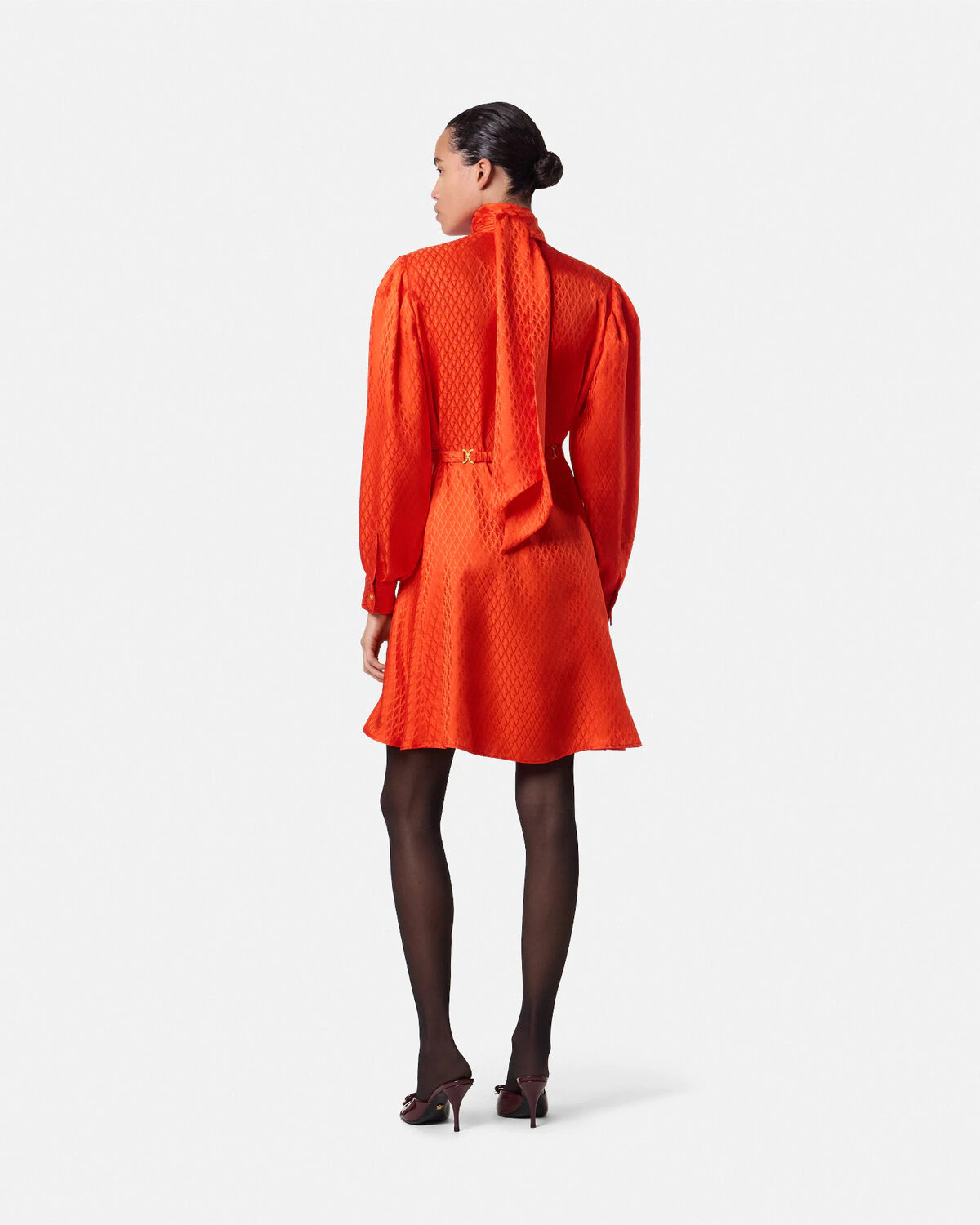 V Allover Jacquard Silk Lavallière Mini Dress - 5
