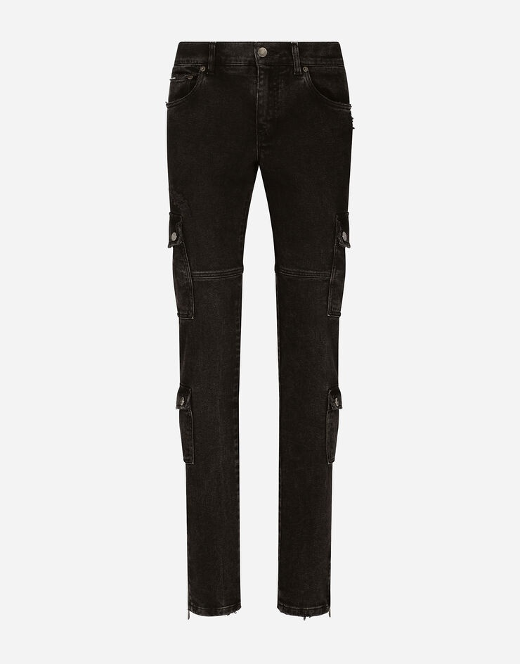Black wash stretch cargo jeans - 1