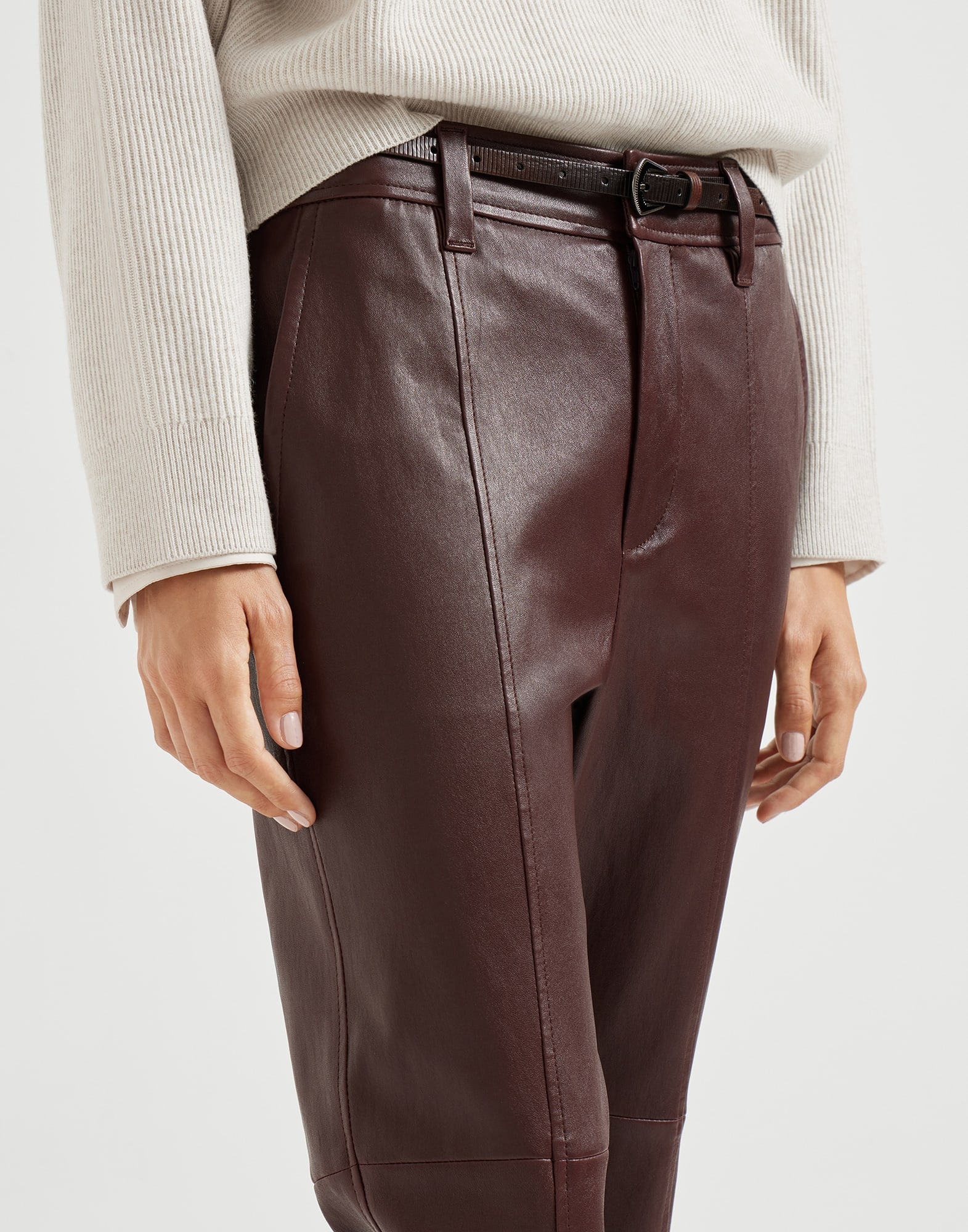 Stretch nappa leather square cigarette trousers with monili - 3